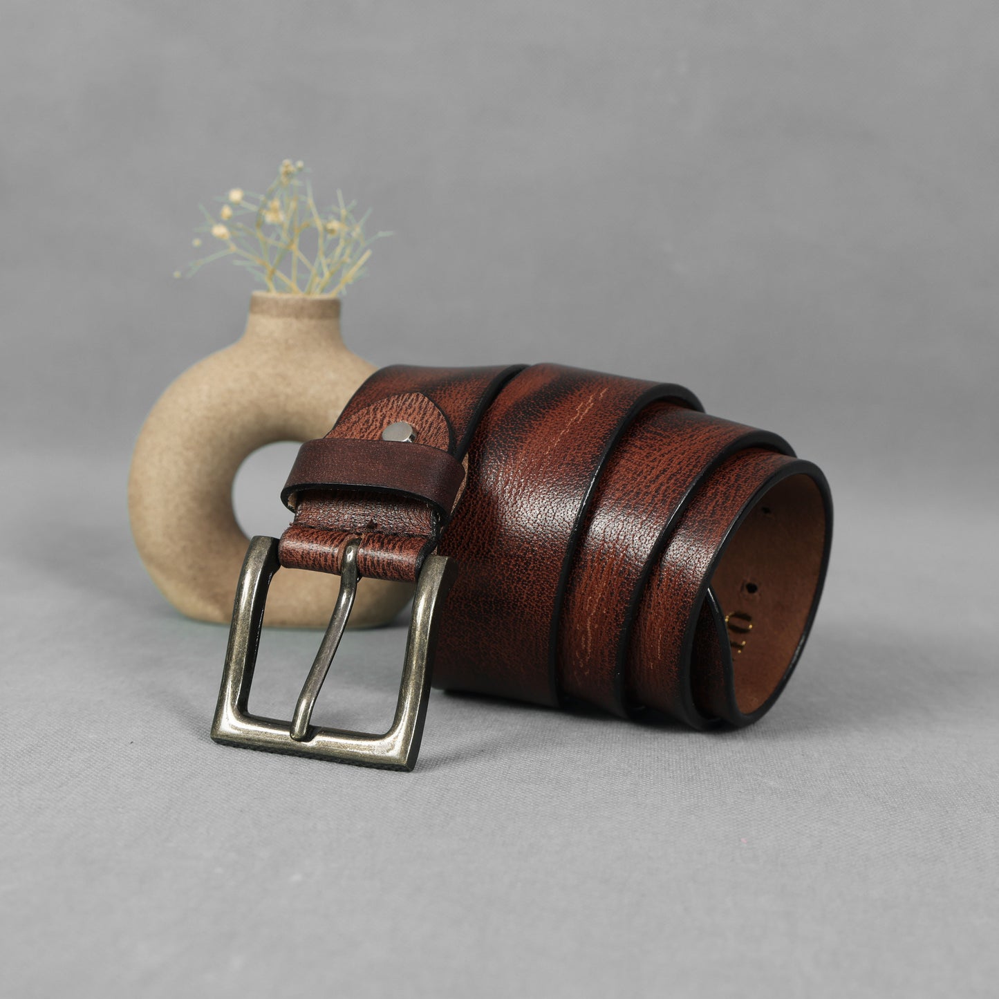 Brown Hand-Painted Leather Belt - Distressed with Antique Buckle