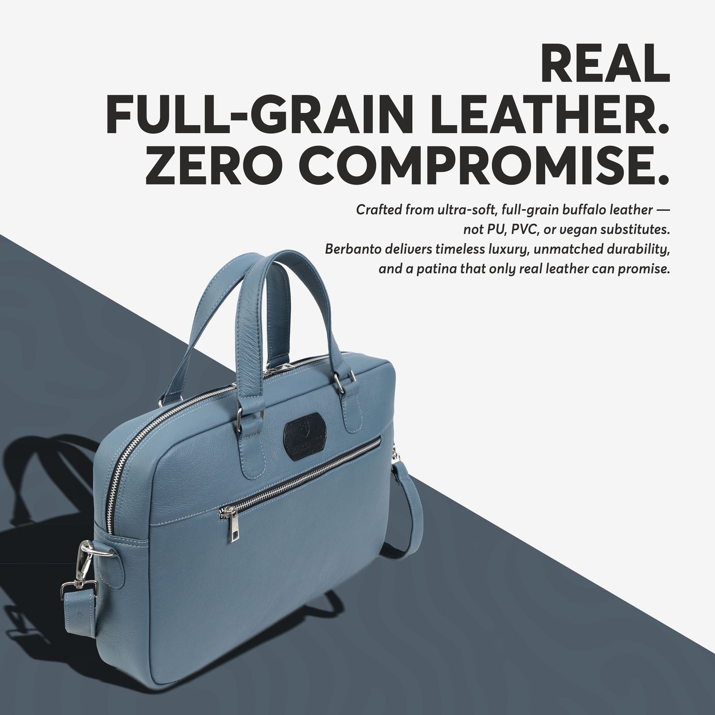 Steel-Blue Full-Grain Leather Laptop Bag