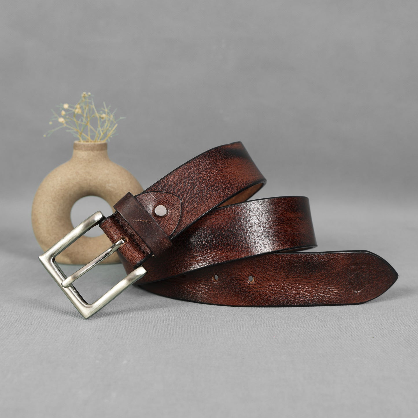 Brown Hand-Painted Leather Belt - Distressed with Silver Buckle
