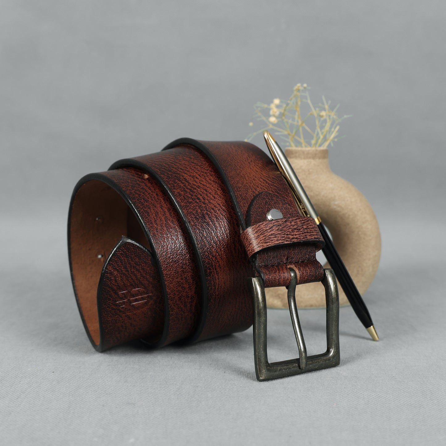 Brown Hand-Painted Leather Belt - Hammered with Antique Buckle
