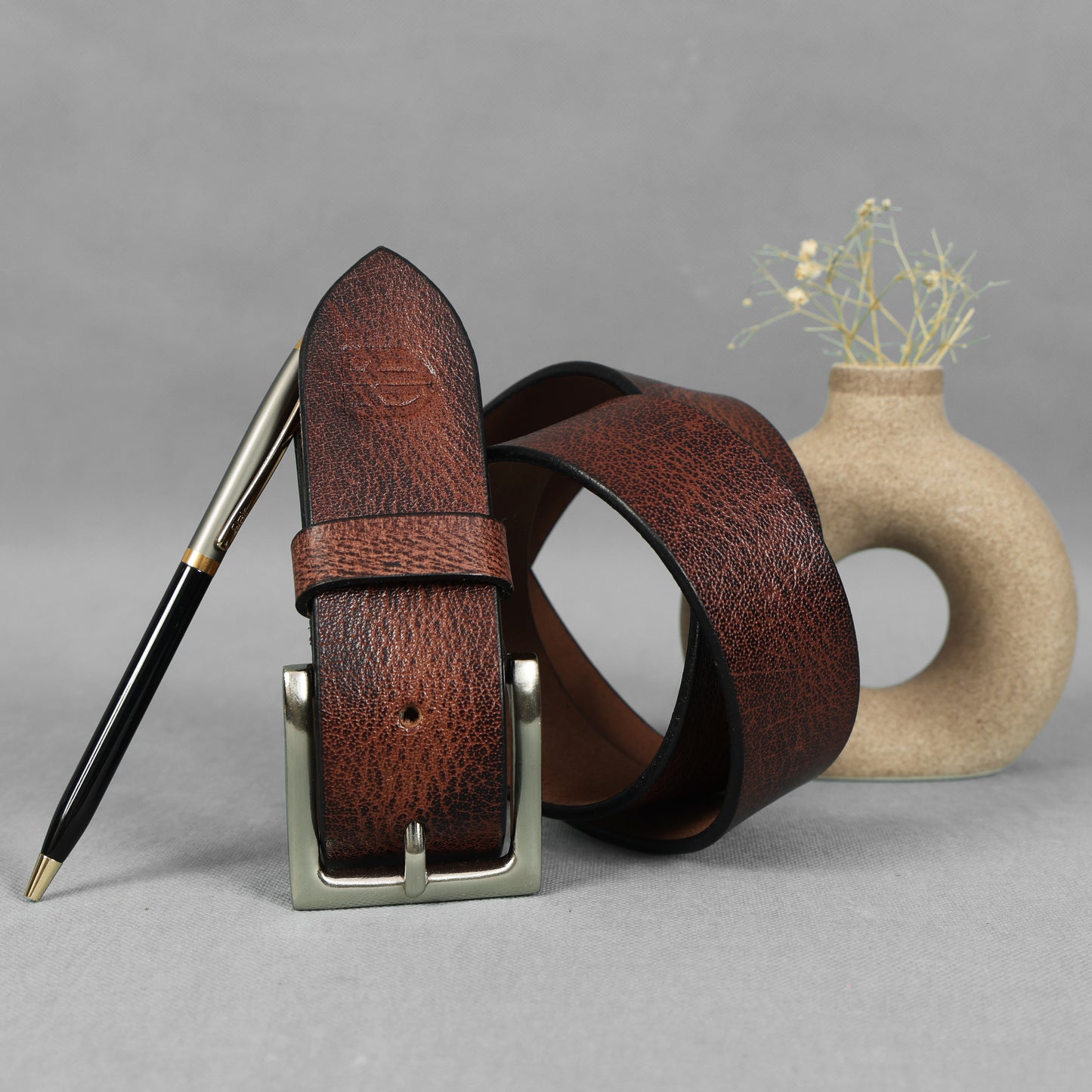 Brown Hand-Painted Leather Belt - Hammered with Silver Buckle