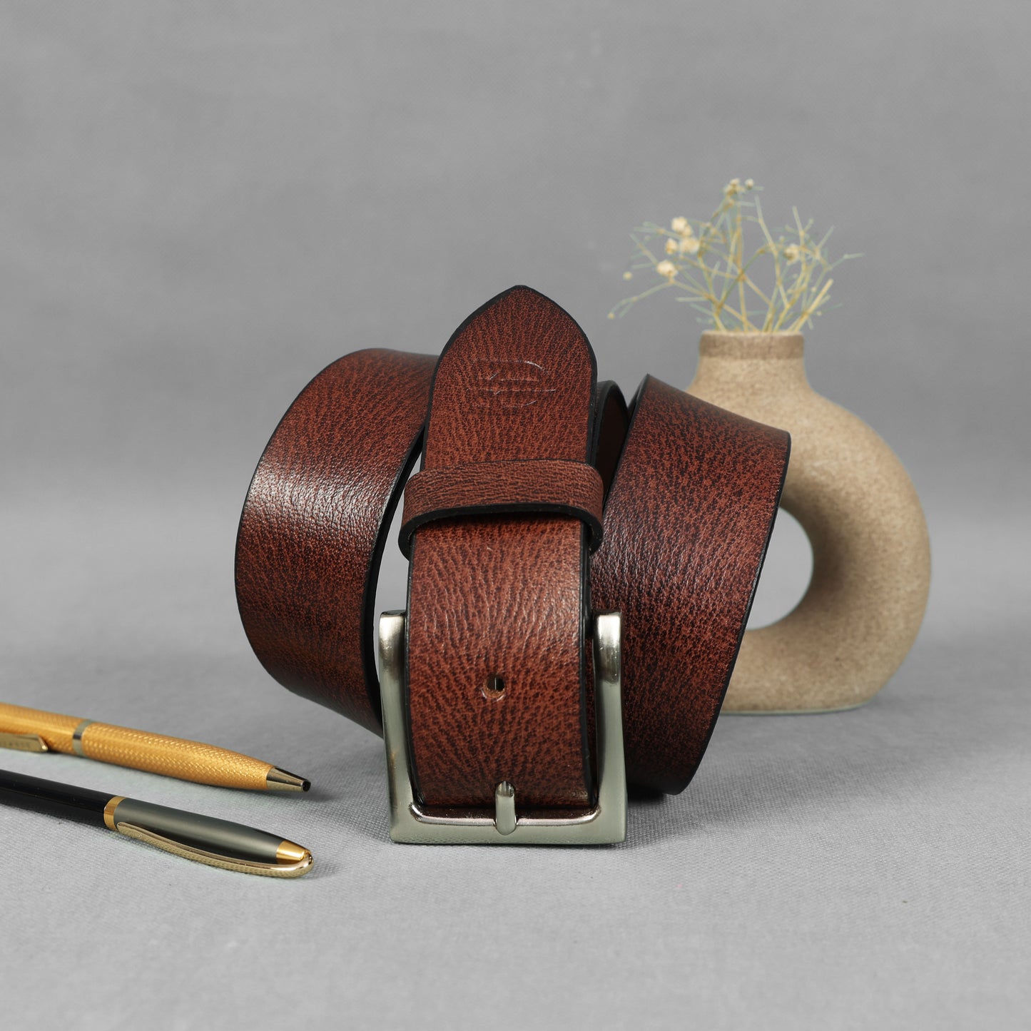Brown Hand-Painted Leather Belt - Tree Pattern with Silver Buckle
