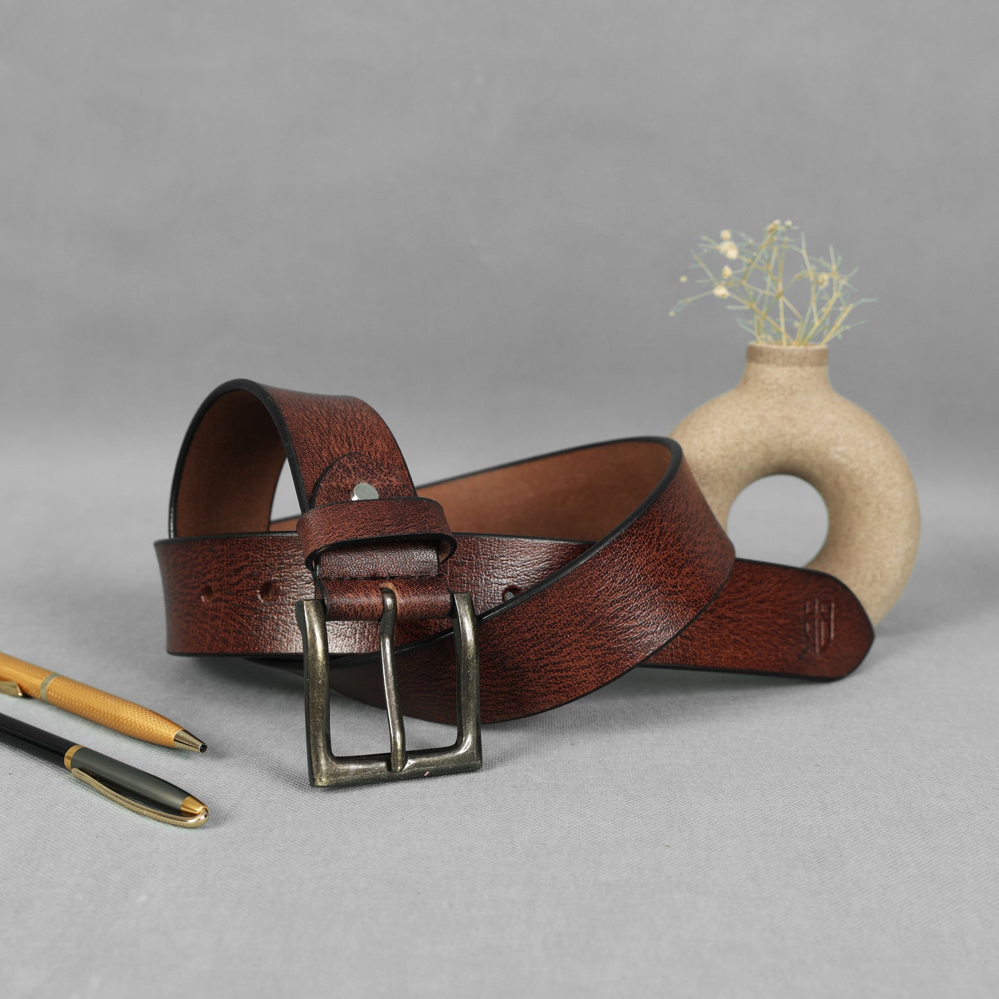 Brown Hand-Painted Leather Belt - Tree Pattern with Antique Buckle