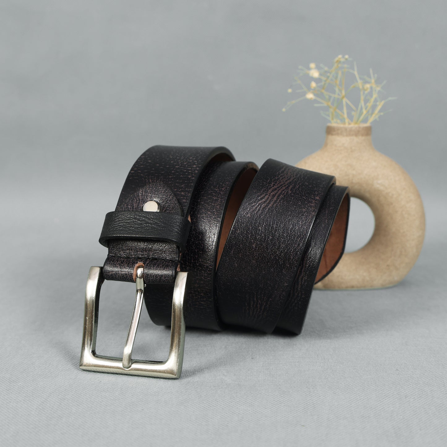 Black Hand-Painted Leather Belt - Hammered with Silver Buckle