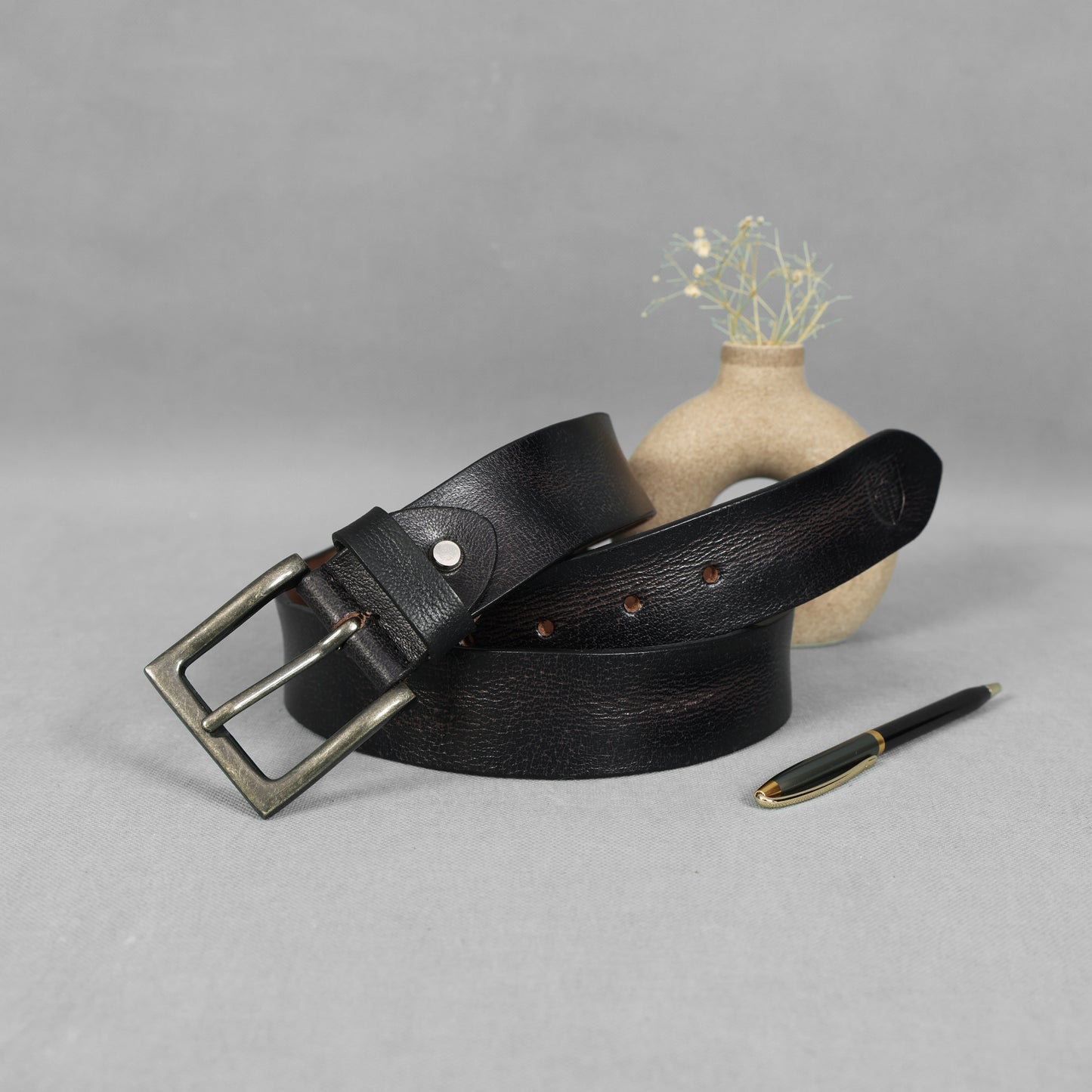 Black Hand-Painted Leather Belt - Hammered with Antique Buckle
