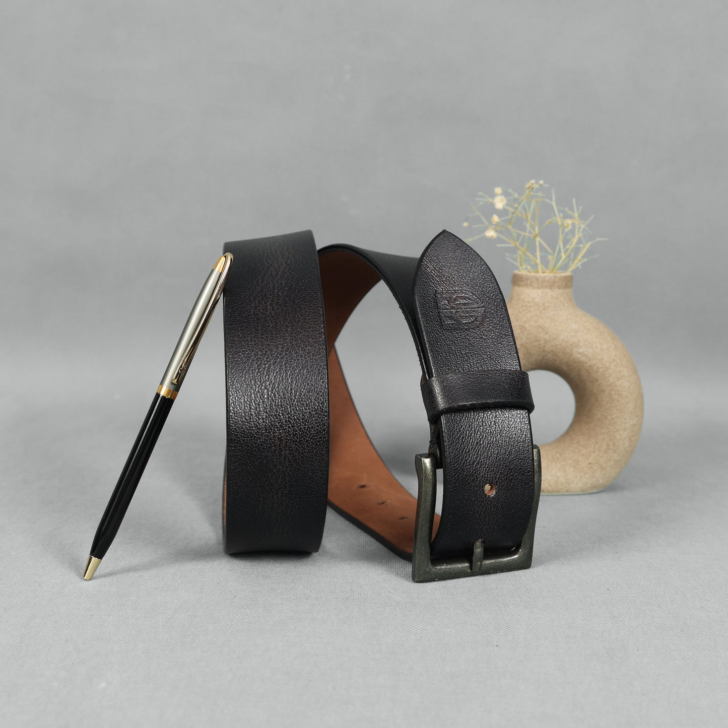 Black Hand-Painted Leather Belt - Distressed with Antique Buckle