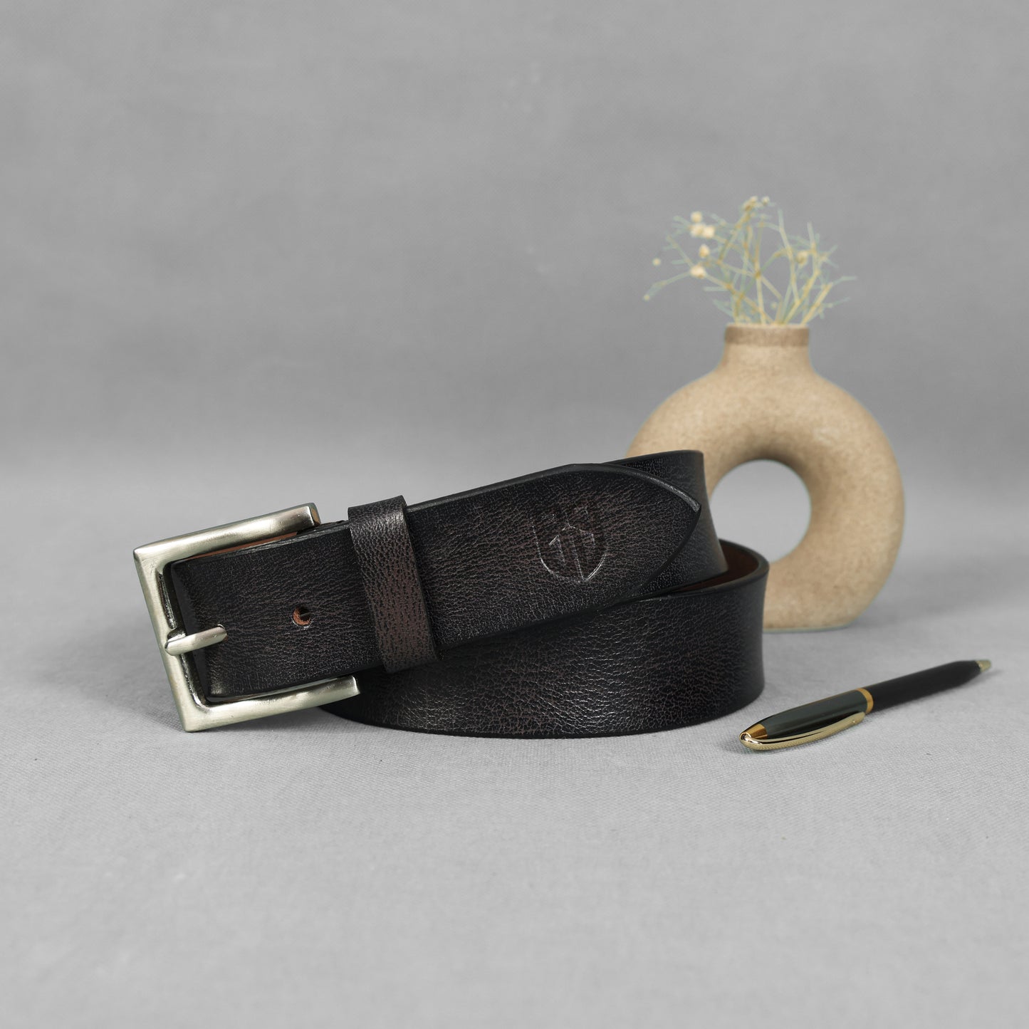 Black Hand-Painted Leather Belt - Tree Pattern with Silver Buckle
