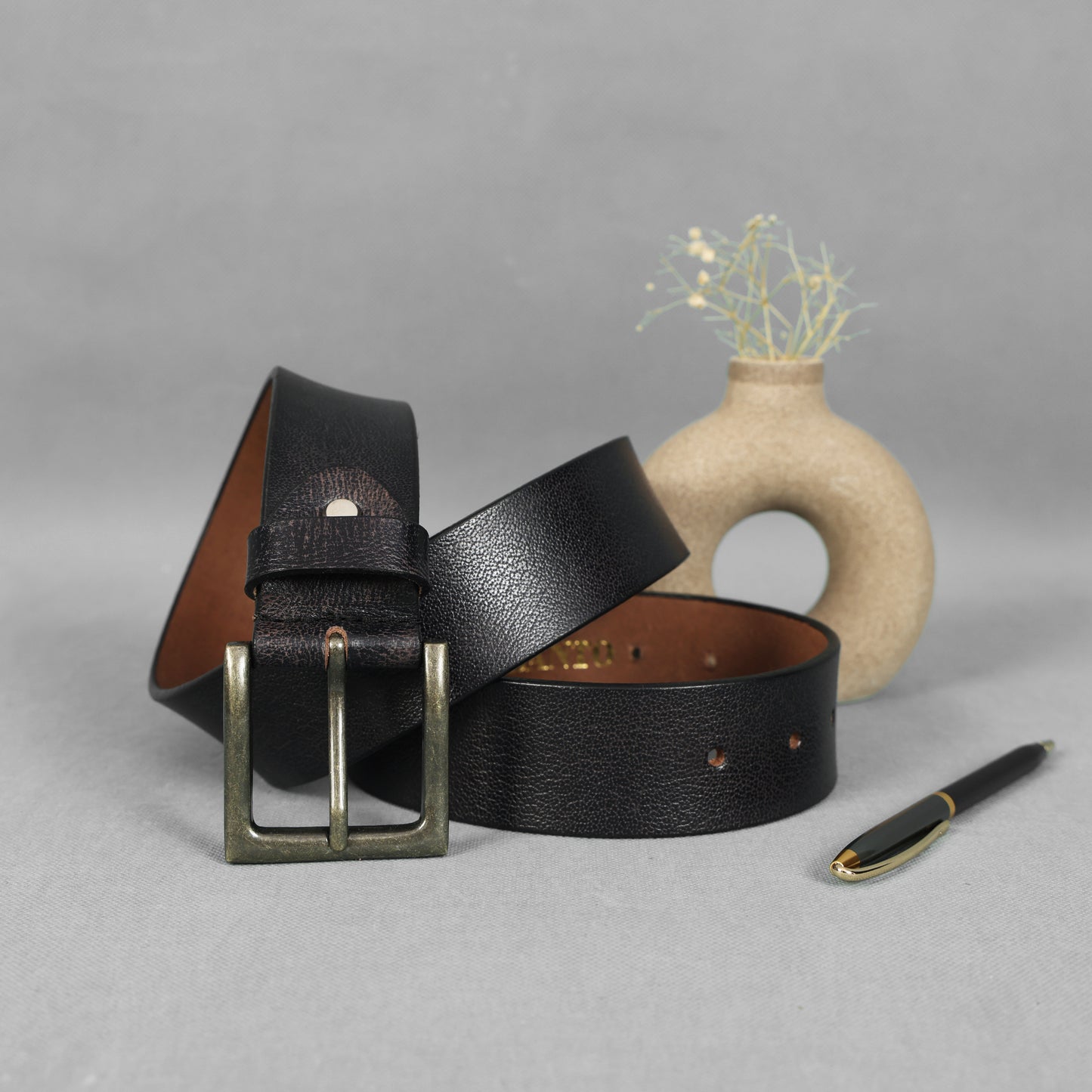 Black Hand-Painted Leather Belt - Tree Pattern with Antique Buckle