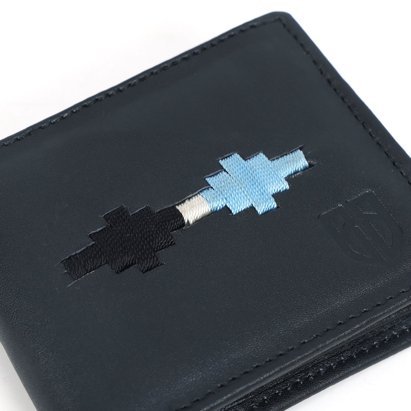 Handcrafted Gaucho Leather Wallet – Matt-Black Bifold with Sky-Blue & Black Patagonian Embroidery