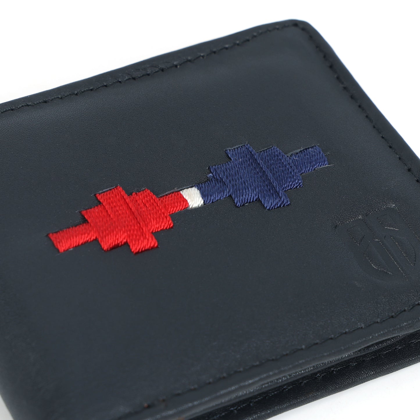 Handmade Leather Gaucho (Polo) Wallet – Matt-Black Bifold with Red & Blue Argentine Embroidery