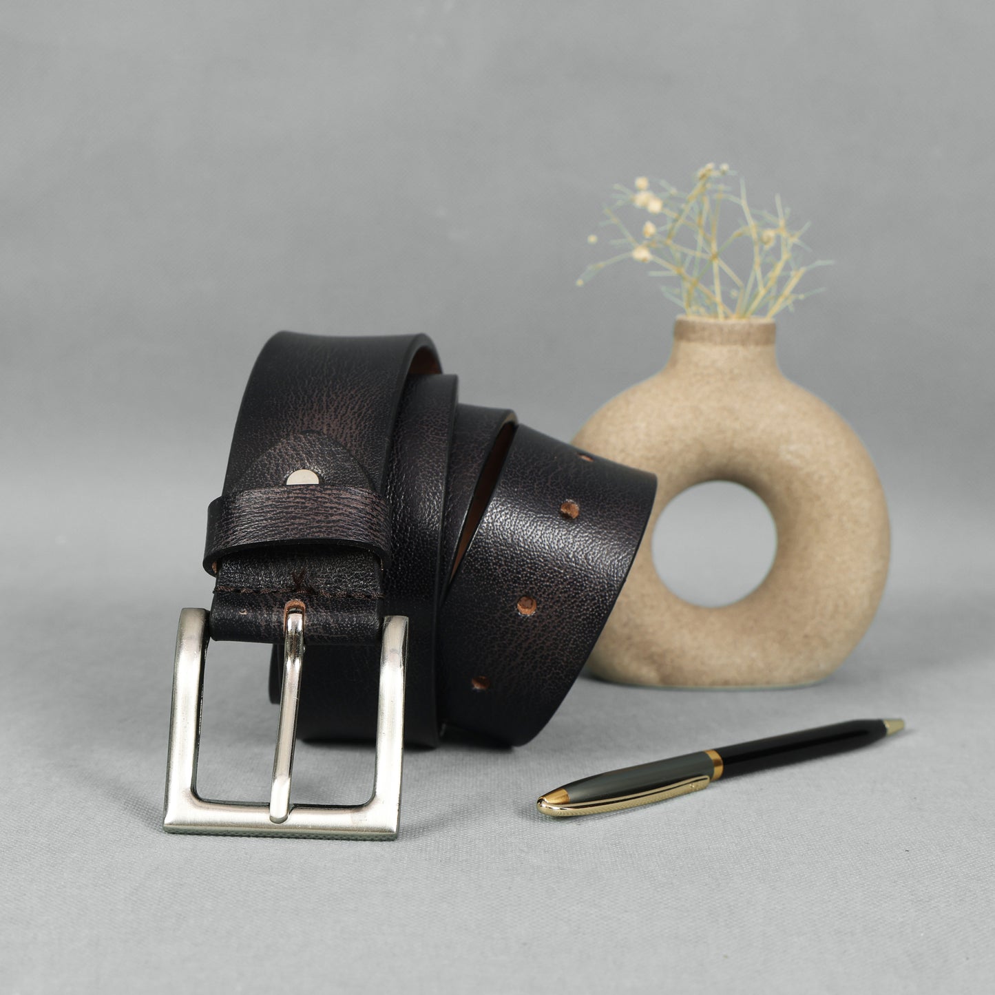 Black Hand-Painted Leather Belt - Distressed with Silver Buckle