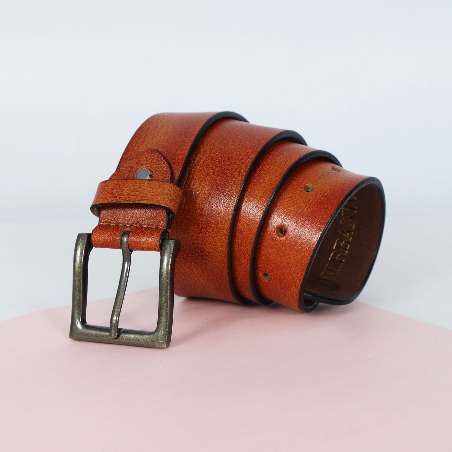 Tan Hand-Painted Leather Belt - Hammered with Antique Buckle