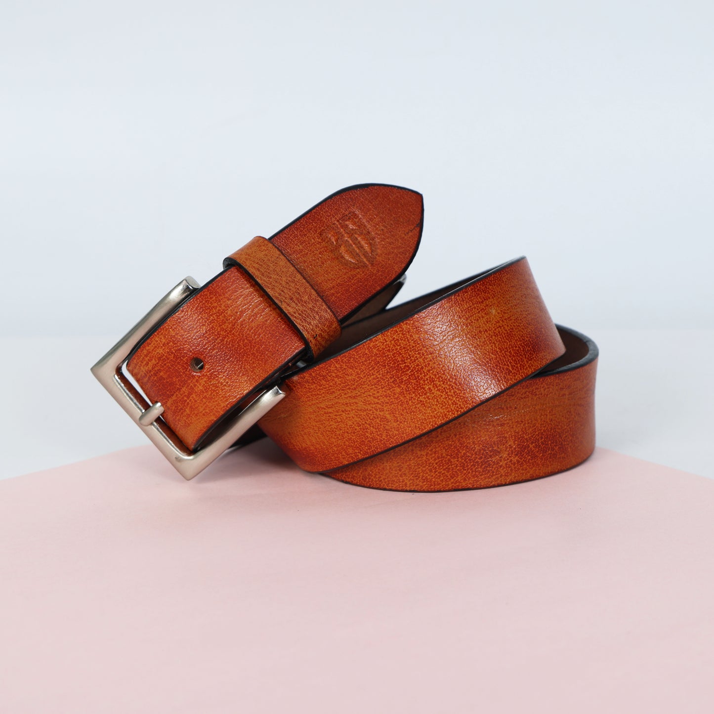 Tan Hand-Painted Leather Belt - Hammered with Silver Buckle