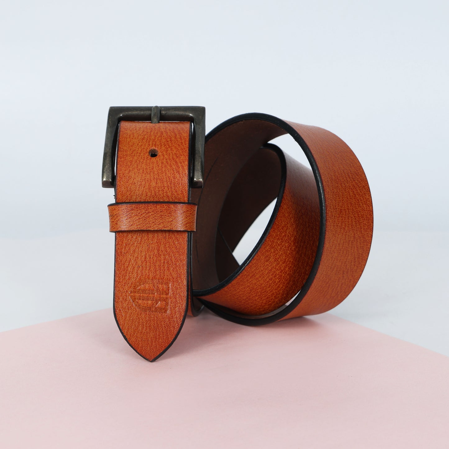 Tan Hand-Painted Leather Belt - Tree Pattern with Antique Buckle