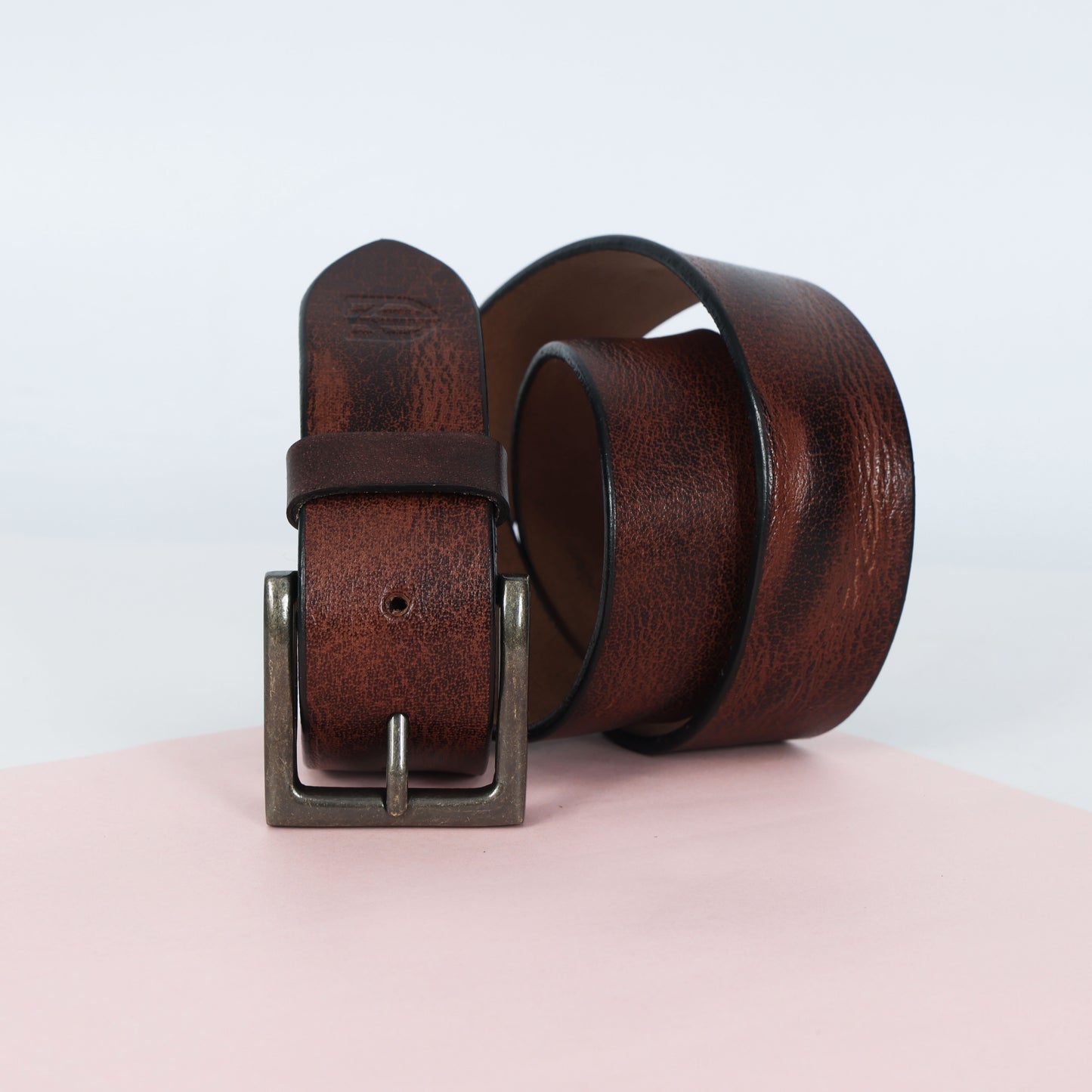 Brown Hand-Painted Leather Belt - Distressed with Antique Buckle