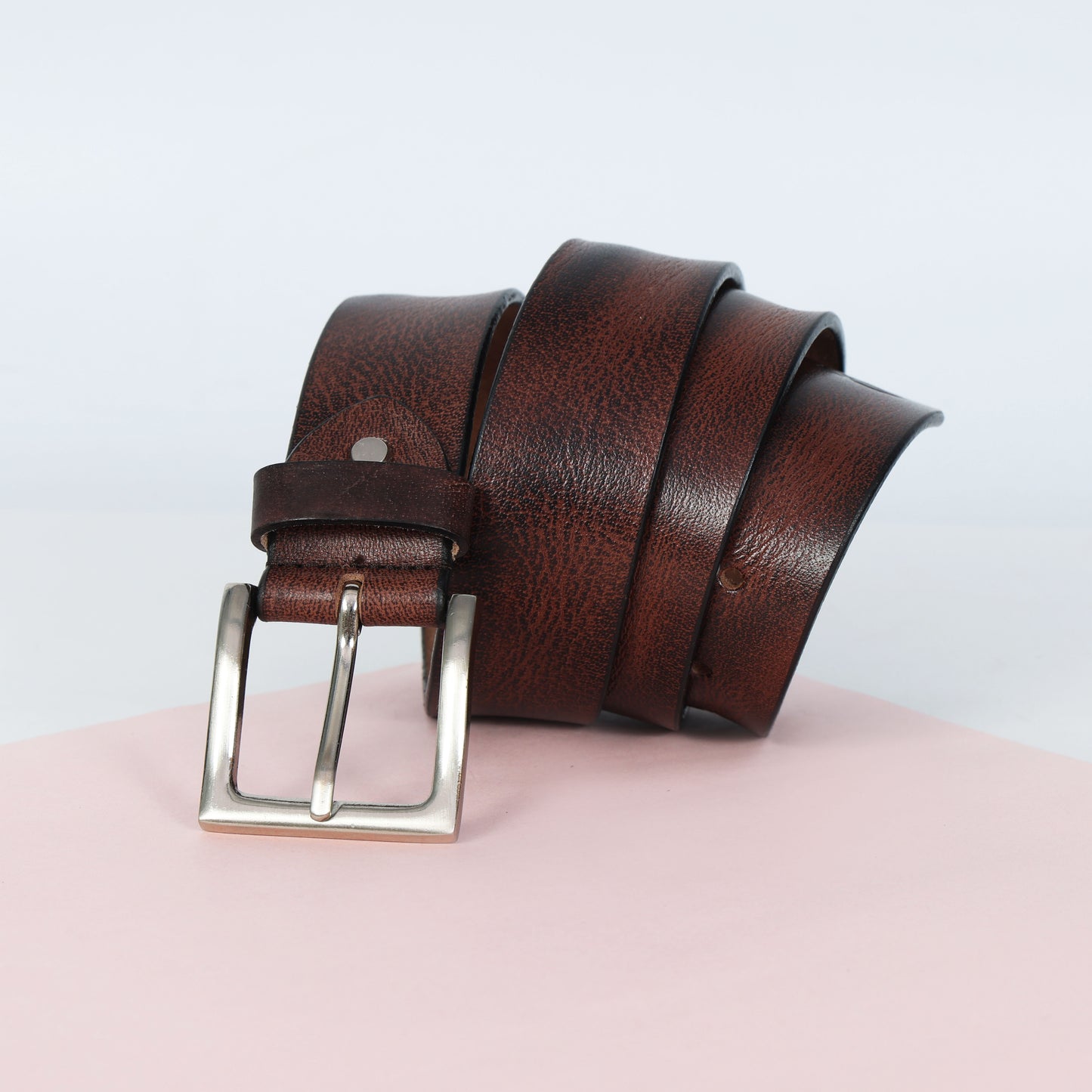 Brown Hand-Painted Leather Belt - Distressed with Silver Buckle