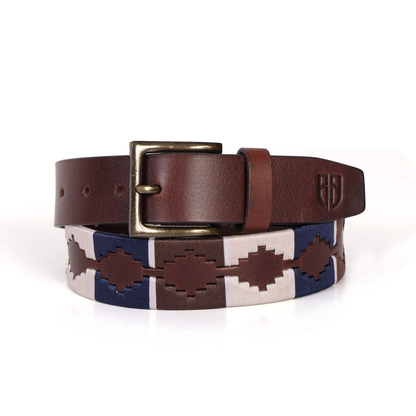 Brown Polo Leather Belt with Blue, Cream, and Brown Stitching & Antique Buckle