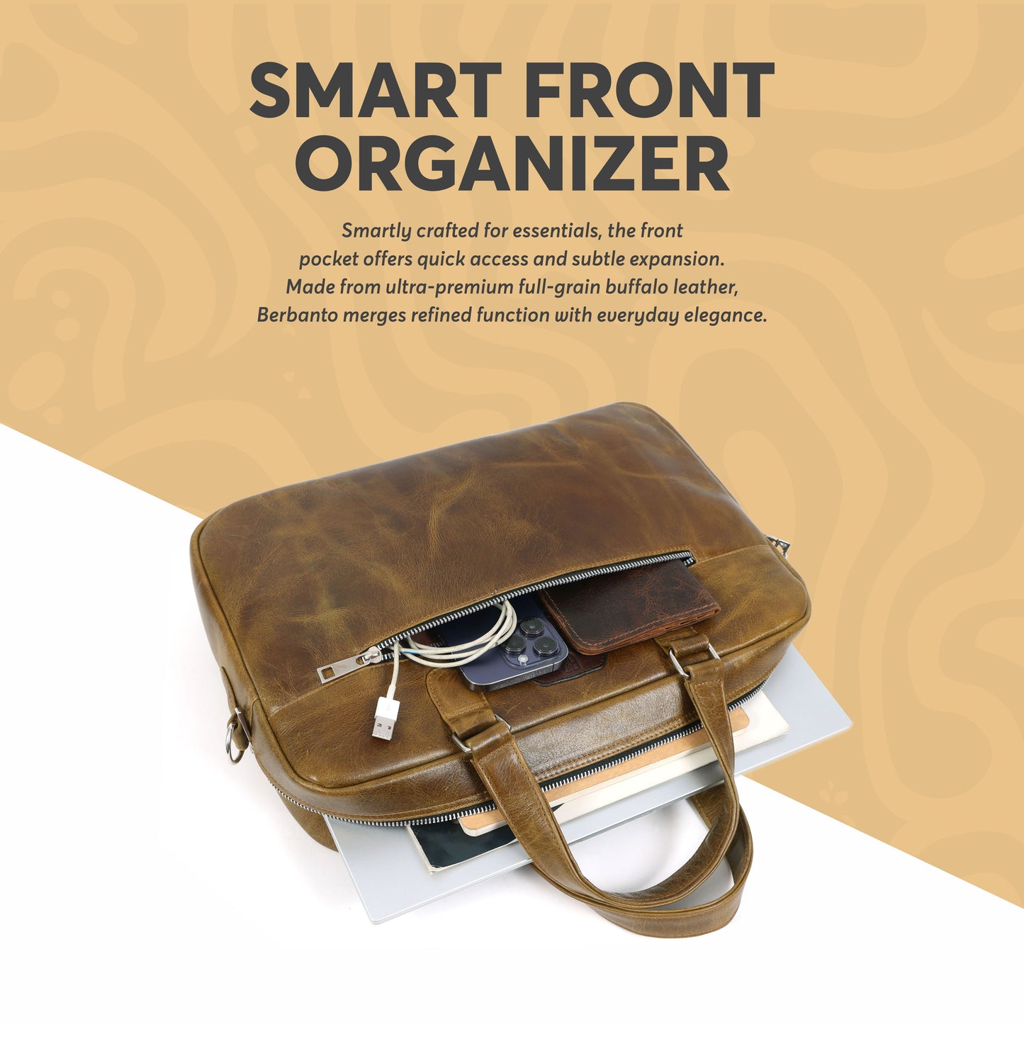 Tan Full-Grain Crunch Leather Laptop Bag