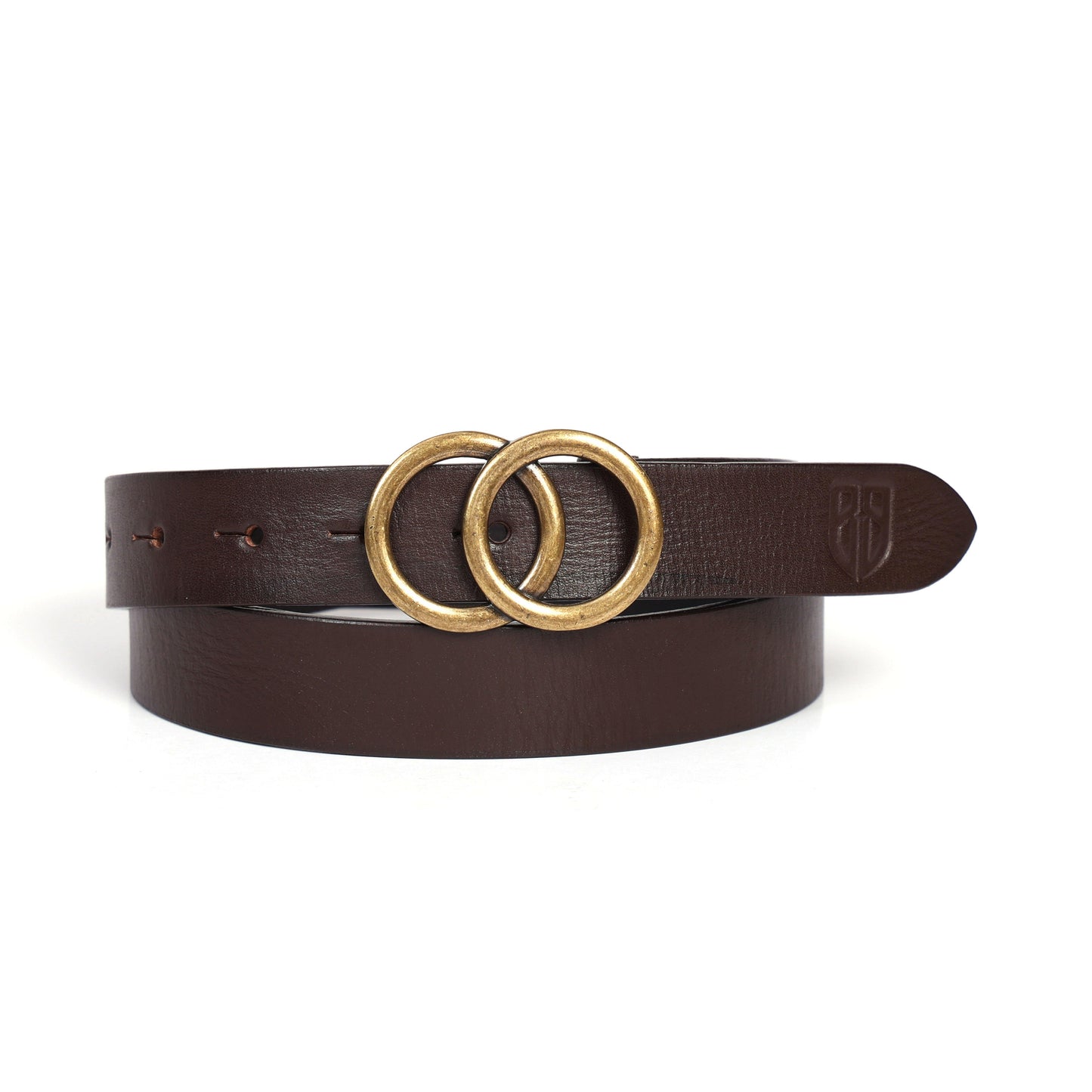 Brown Leather Belt for Women with Round Antique Buckle