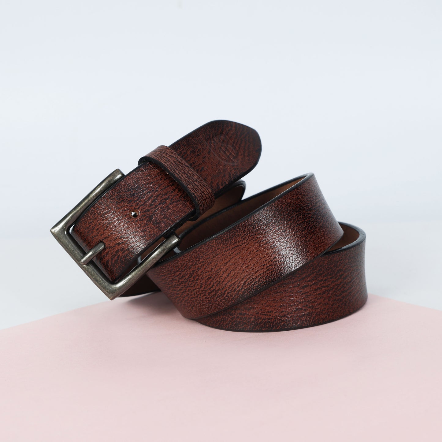 Brown Hand-Painted Leather Belt - Hammered with Antique Buckle