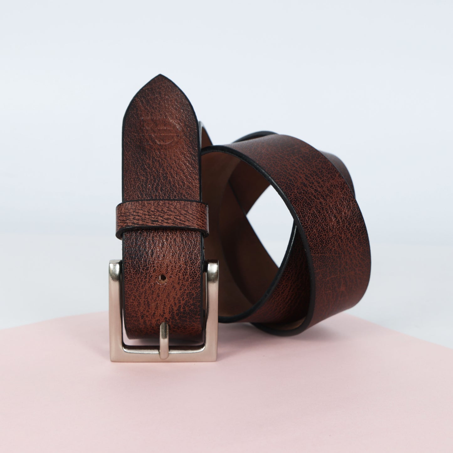 Brown Hand-Painted Leather Belt - Hammered with Silver Buckle