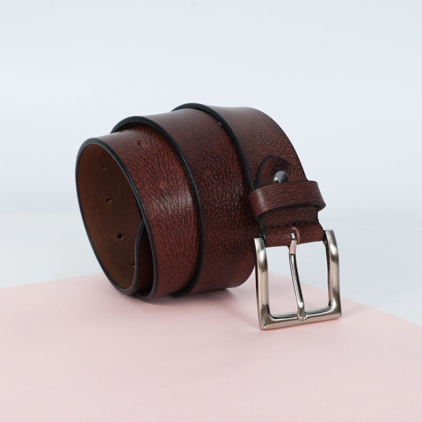 Brown Hand-Painted Leather Belt - Tree Pattern with Silver Buckle