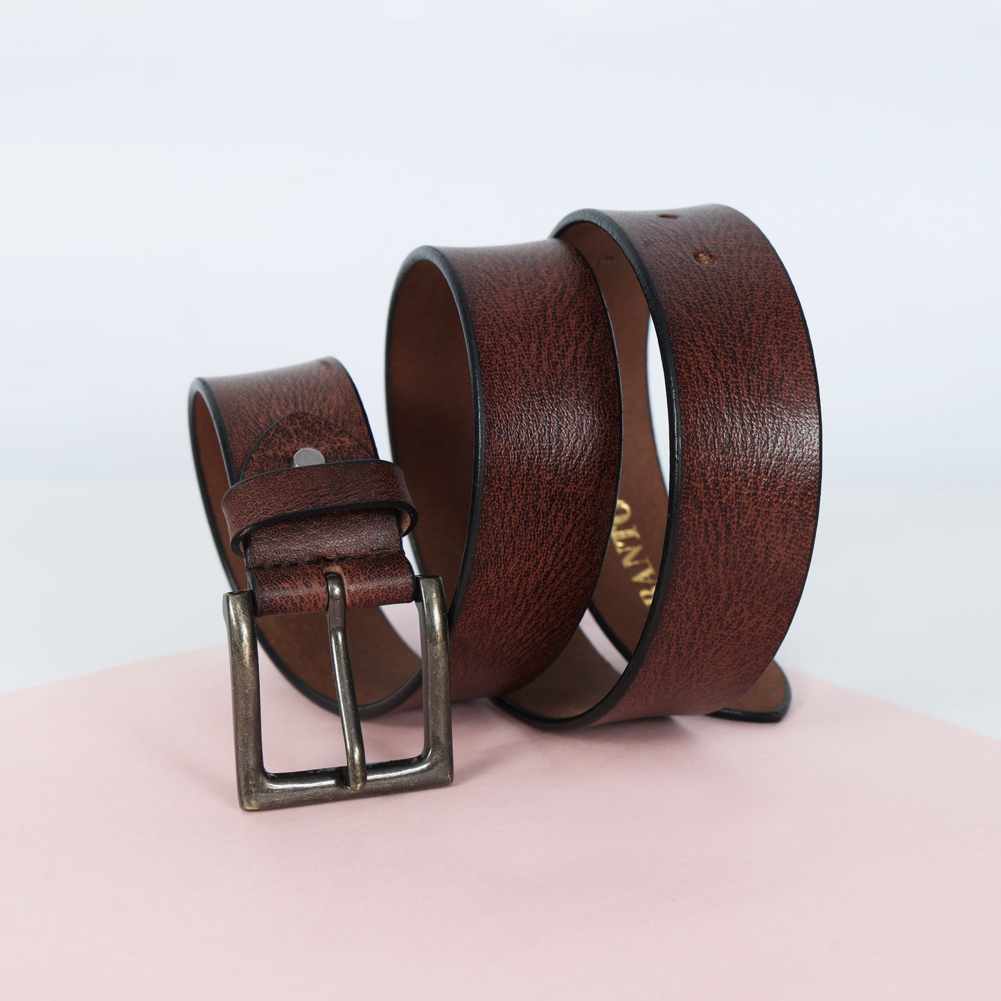 Brown Hand-Painted Leather Belt - Tree Pattern with Antique Buckle