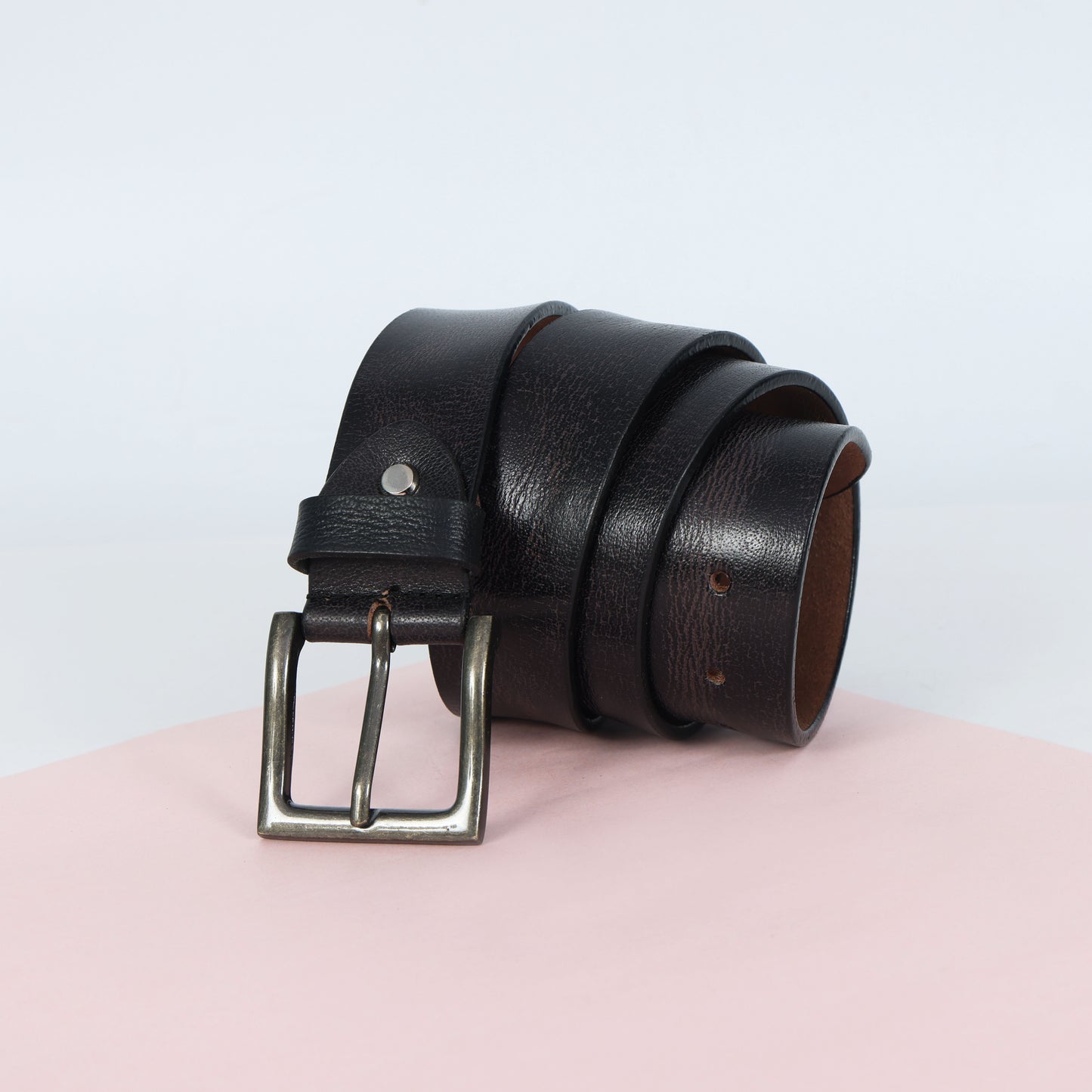Black Hand-Painted Leather Belt - Hammered with Antique Buckle