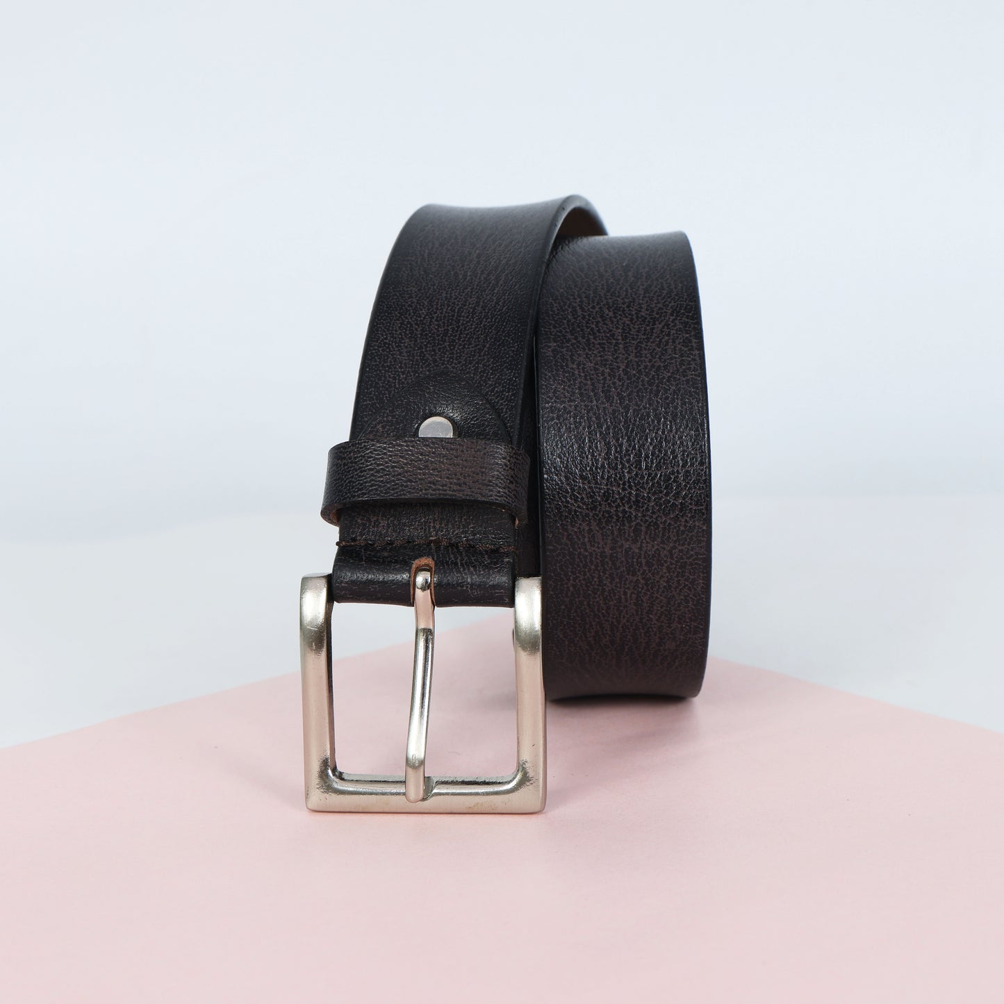 Black Hand-Painted Leather Belt - Tree Pattern with Silver Buckle