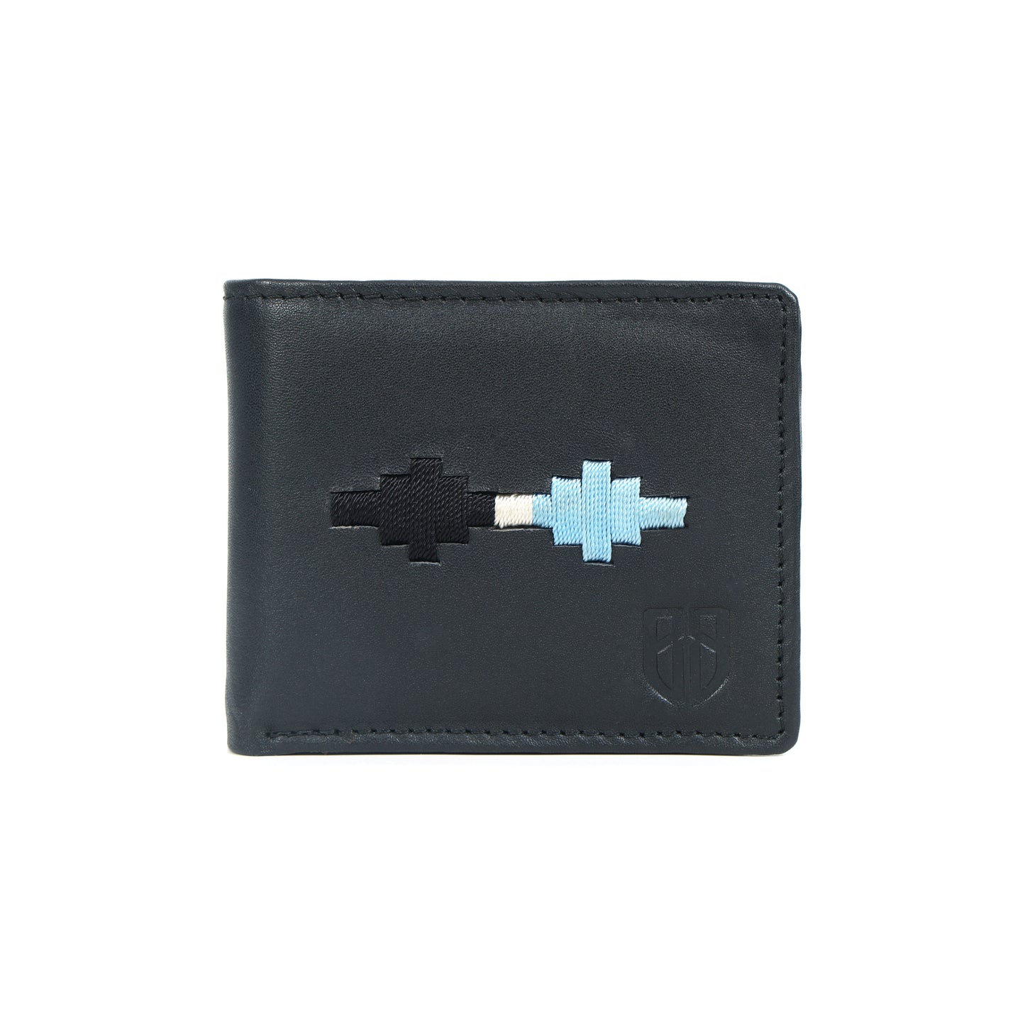 Handcrafted Gaucho Leather Wallet – Matt-Black Bifold with Sky-Blue & Black Patagonian Embroidery