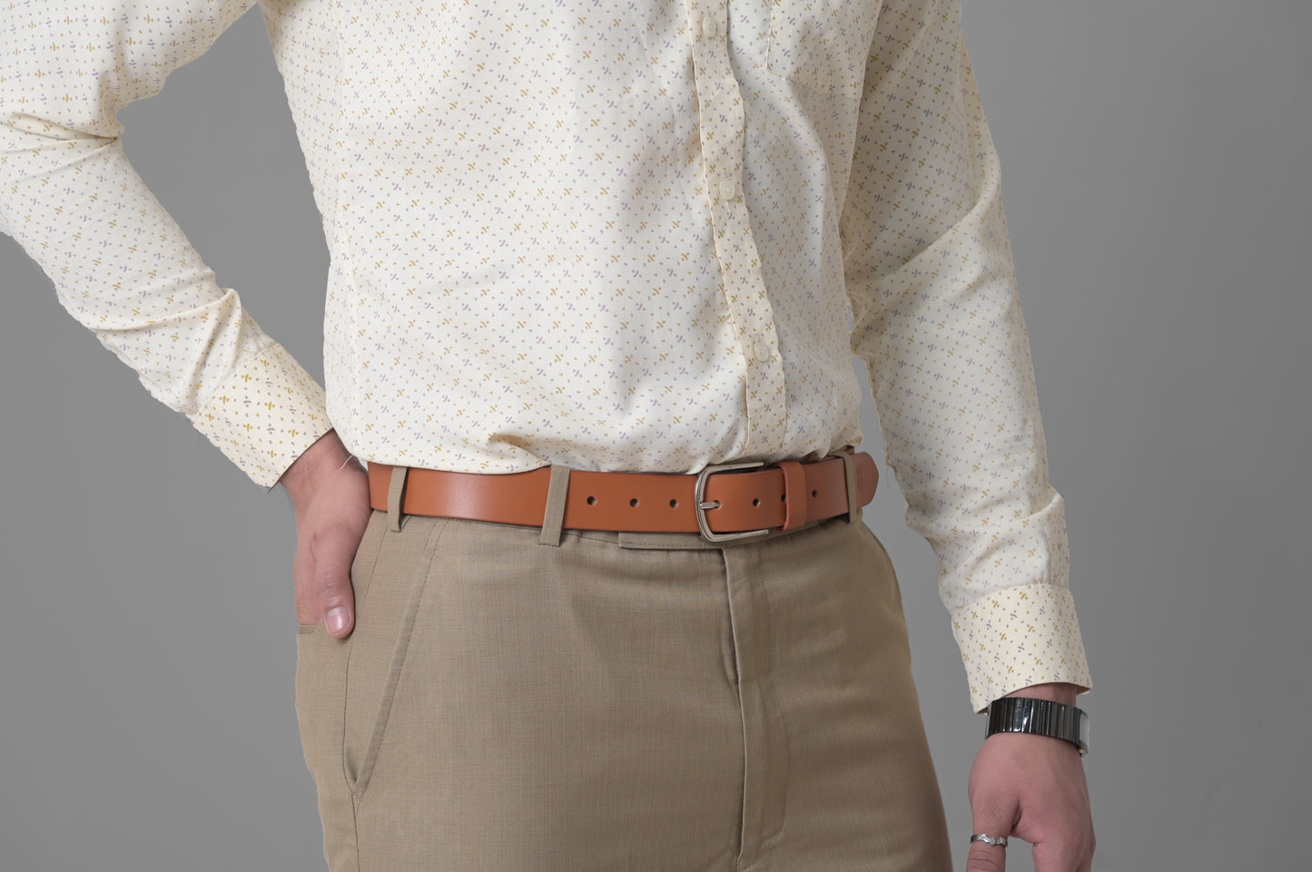 Tan Leather Belt with Shiny Silver Buckle