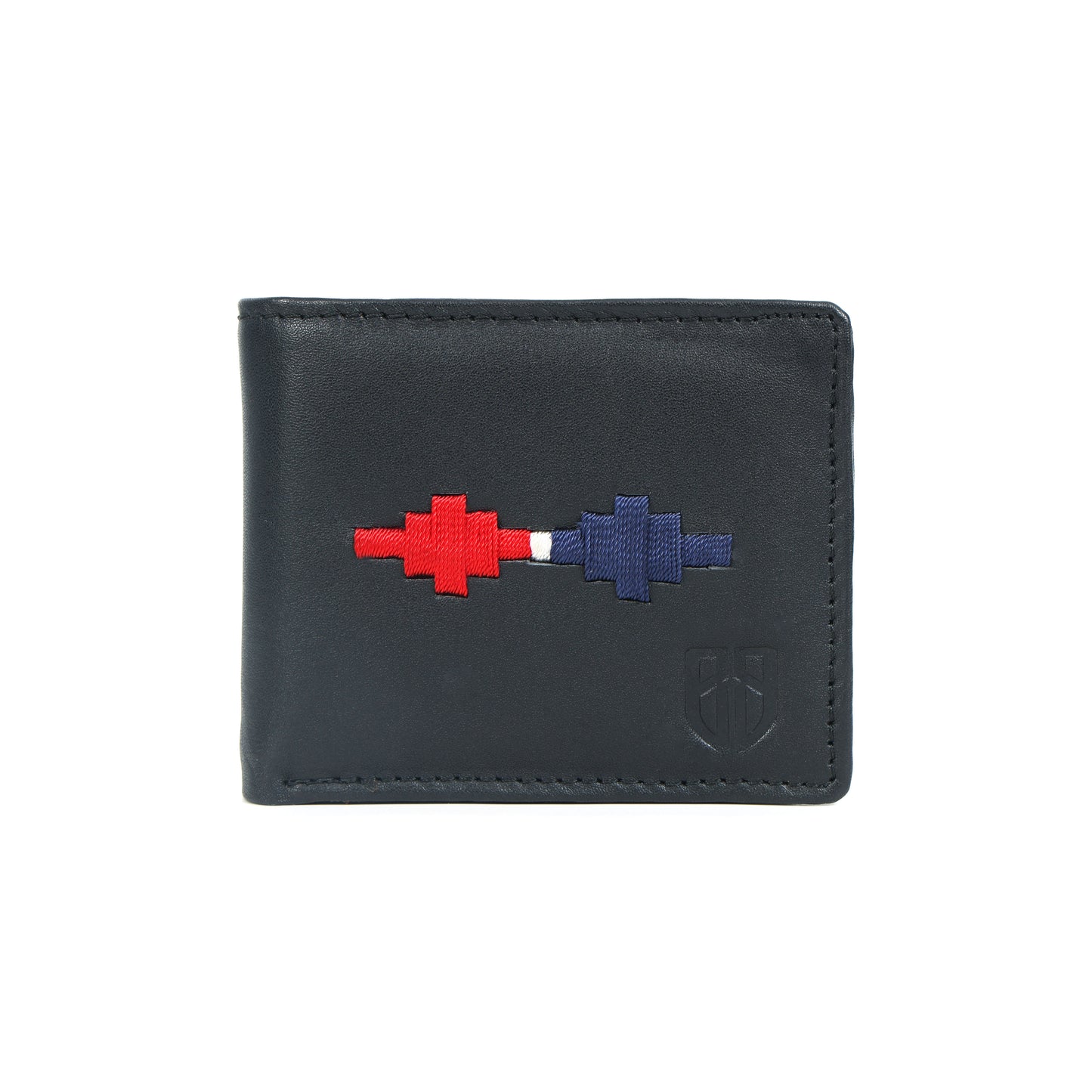Handmade Leather Gaucho (Polo) Wallet – Matt-Black Bifold with Red & Blue Argentine Embroidery