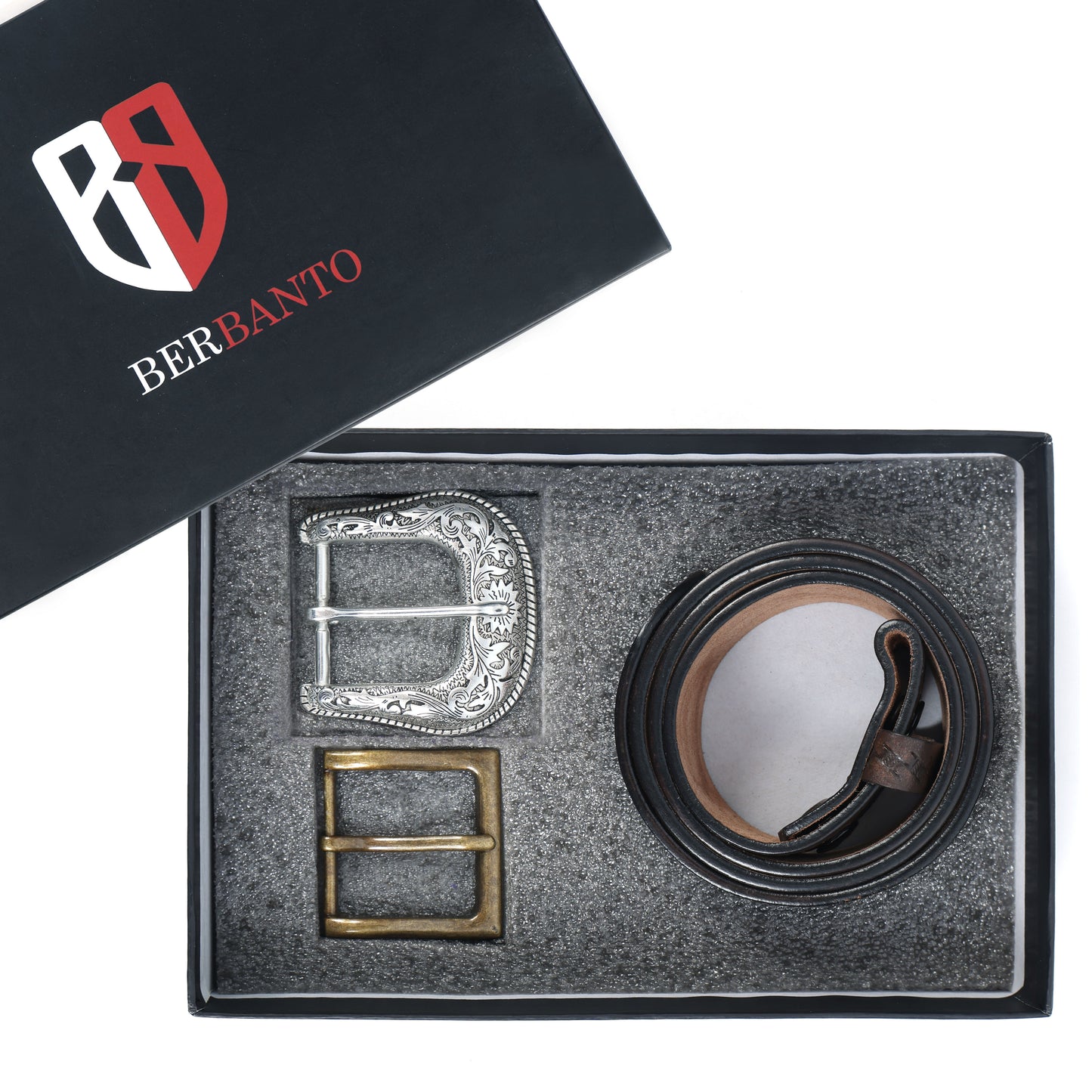 Berbanto Two Tone Brown Leather Western Belt with Western Engraved Silver Buckle + Free Antique Plain Buckle