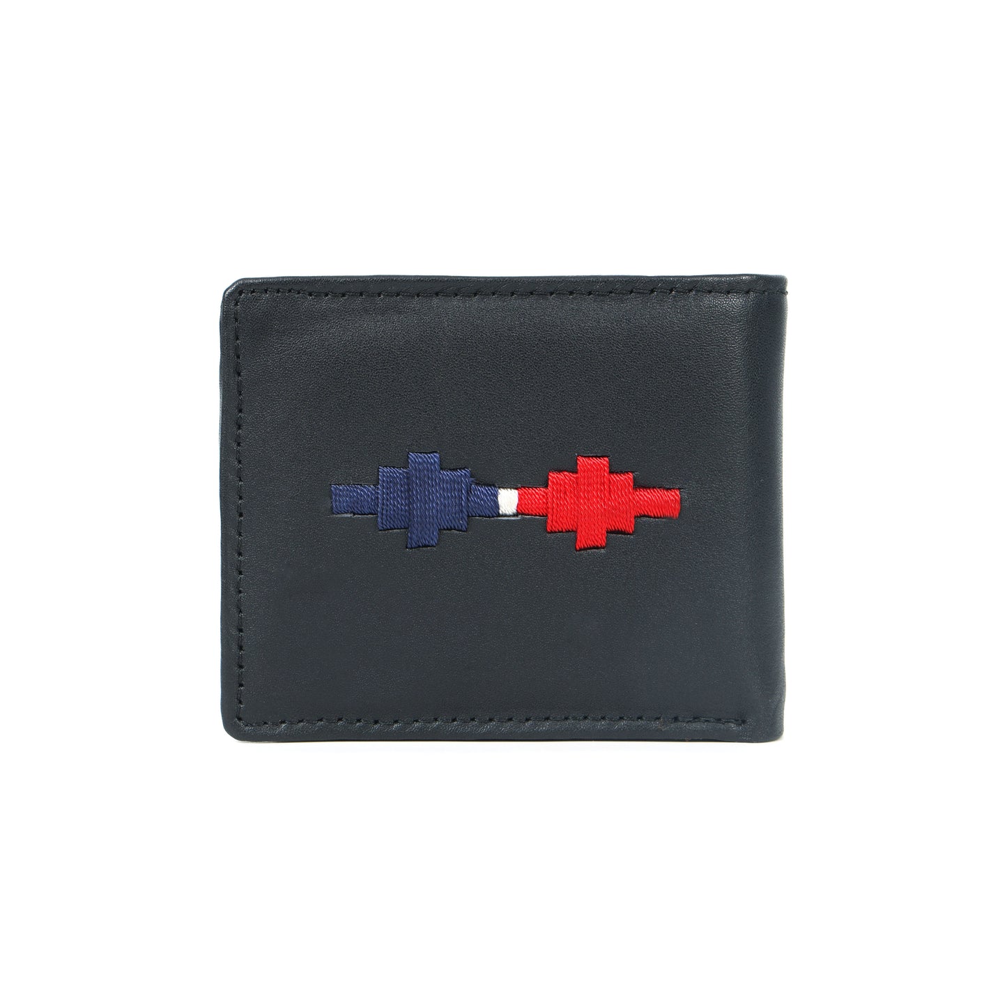 Handmade Leather Gaucho (Polo) Wallet – Matt-Black Bifold with Red & Blue Argentine Embroidery