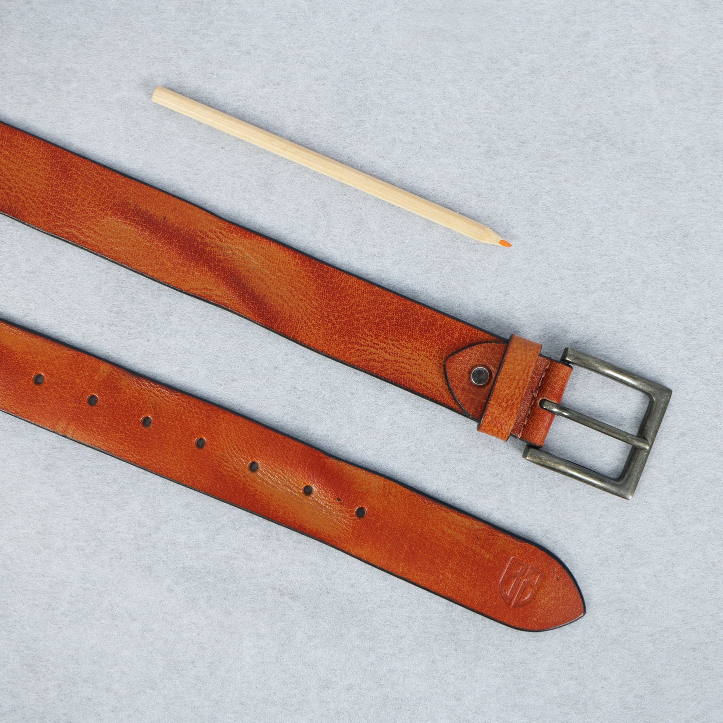 Tan Hand-Painted Leather Belt - Hammered with Antique Buckle