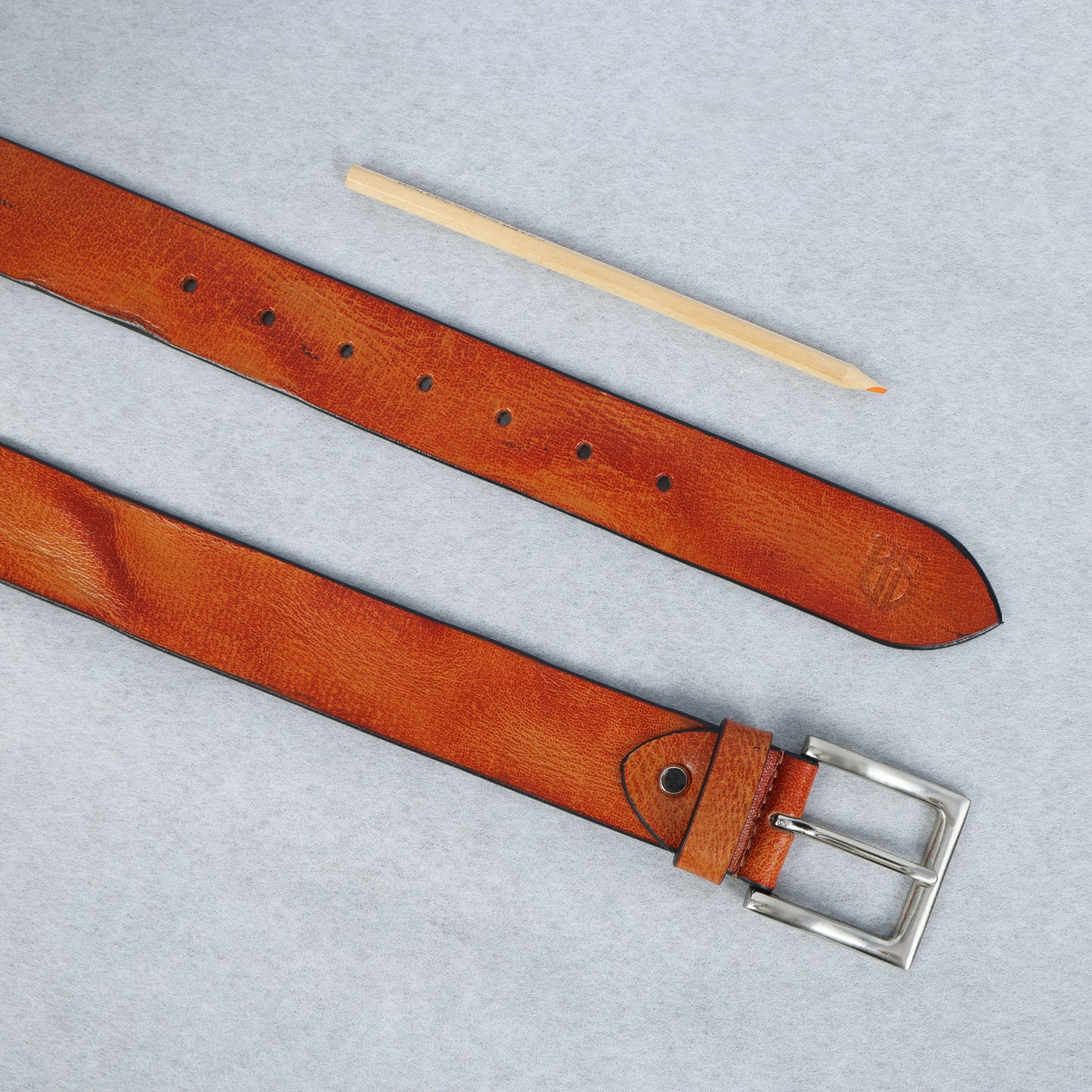 Tan Hand-Painted Leather Belt - Hammered with Silver Buckle
