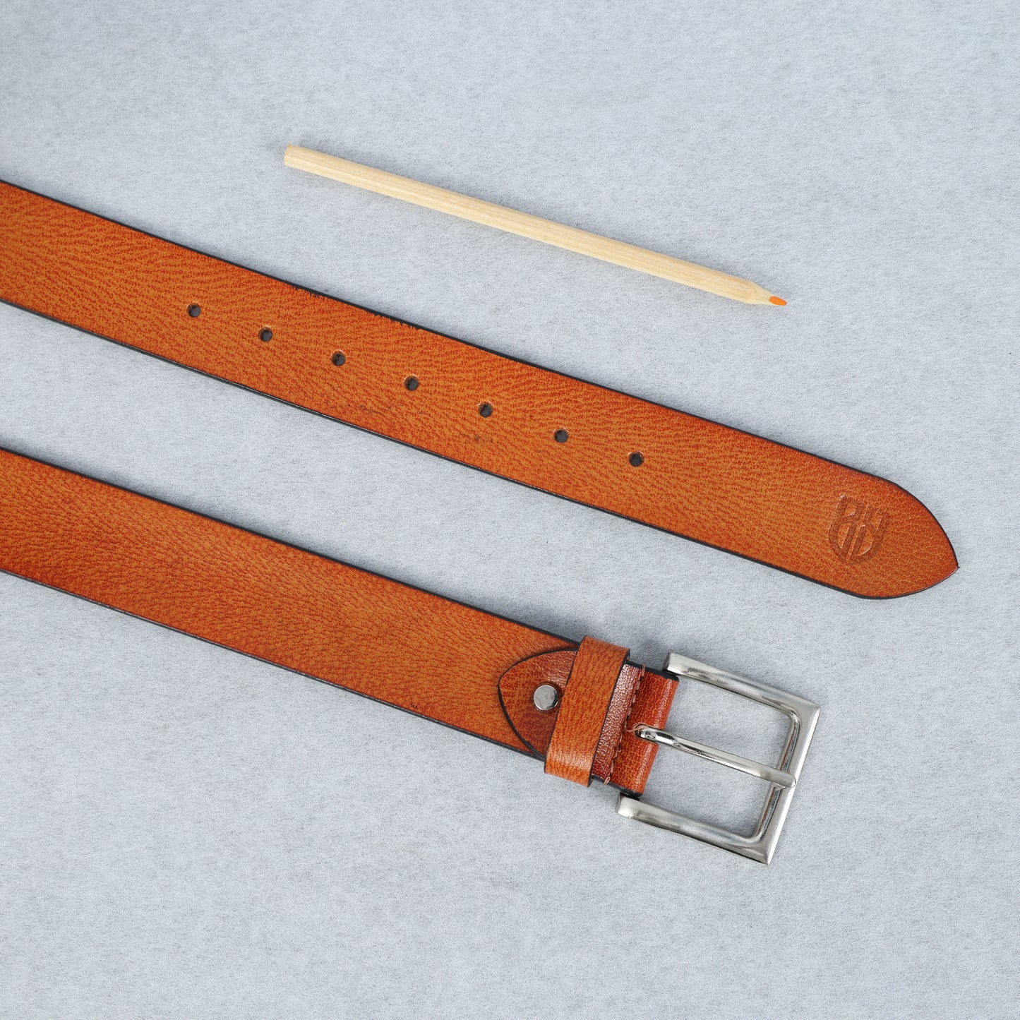 Tan Hand-Painted Leather Belt - Tree Pattern with Silver Buckle