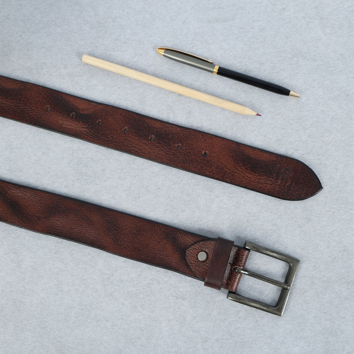 Brown Hand-Painted Leather Belt - Distressed with Antique Buckle