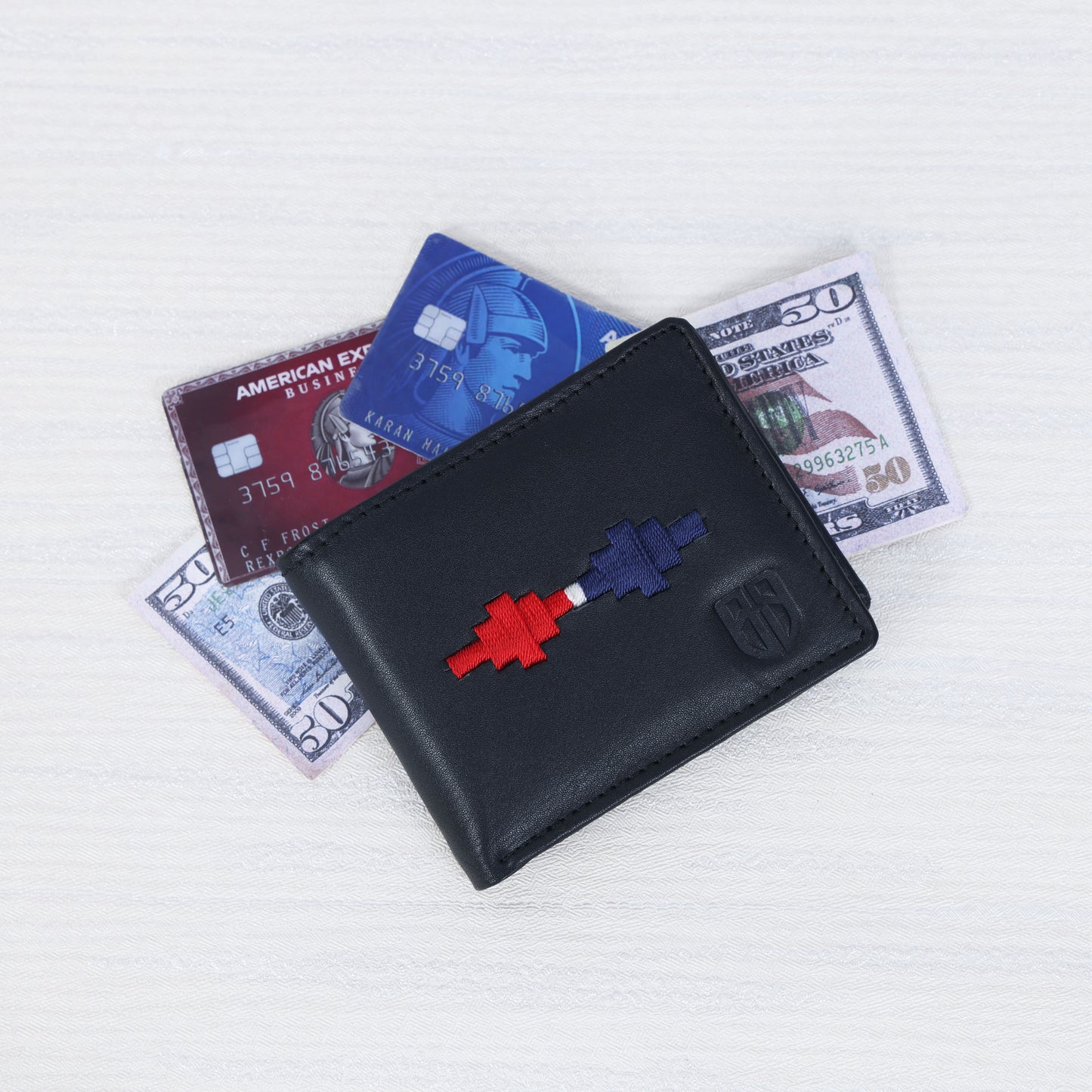 Handmade Leather Gaucho (Polo) Wallet – Matt-Black Bifold with Red & Blue Argentine Embroidery