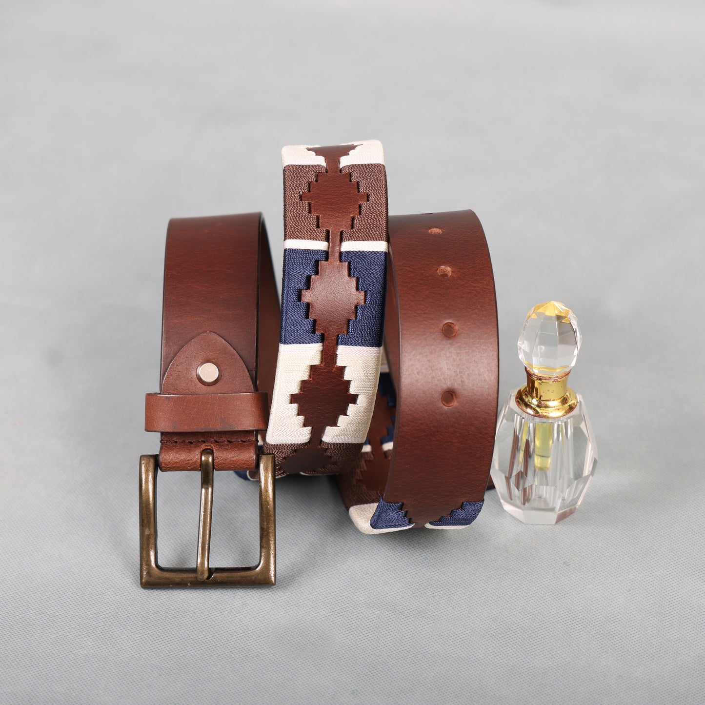 Brown Polo Leather Belt with Blue, Cream, and Brown Stitching & Antique Buckle