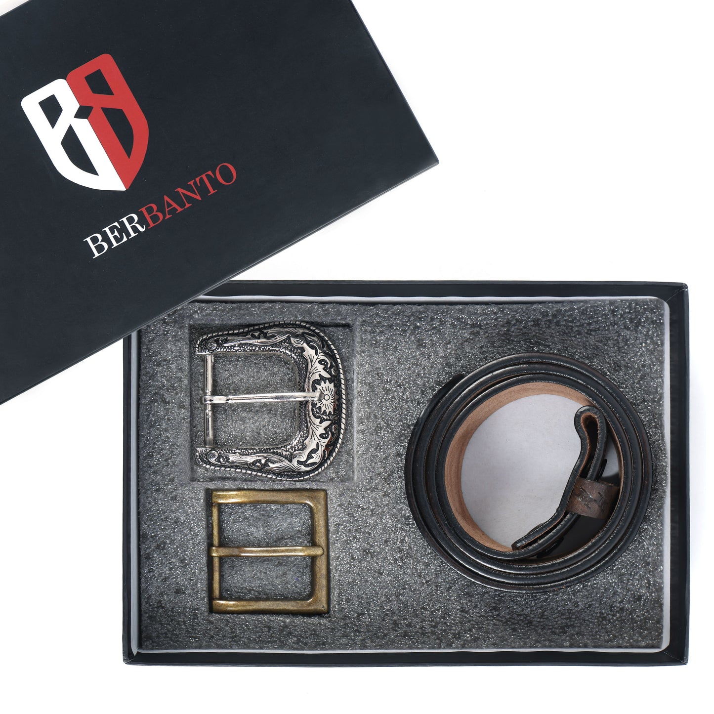 Berbanto Two Tone Brown Leather Western Belt with Western Engraved Rustic Silver Buckle + Free Antique Plain Buckle