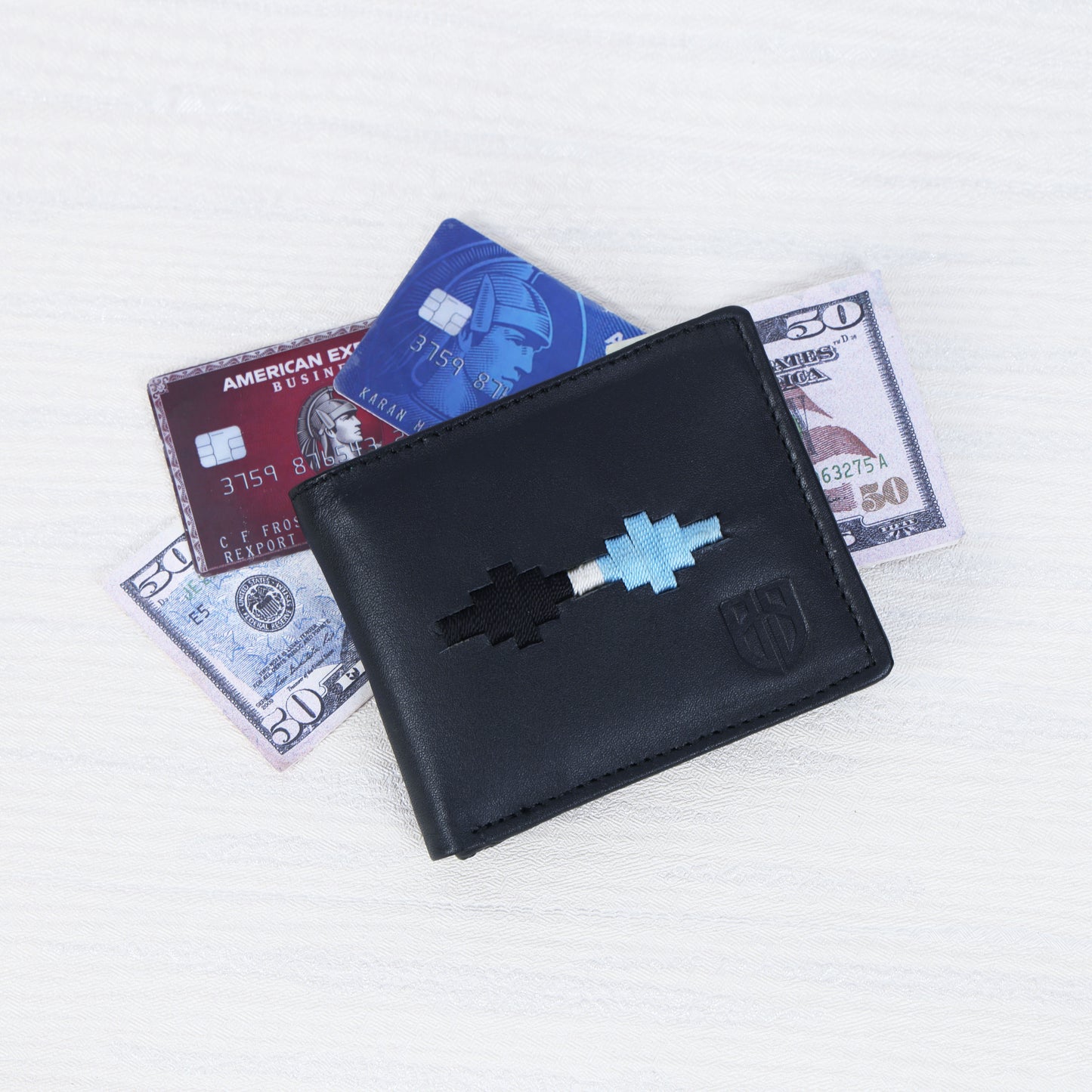 Handcrafted Gaucho Leather Wallet – Matt-Black Bifold with Sky-Blue & Black Patagonian Embroidery