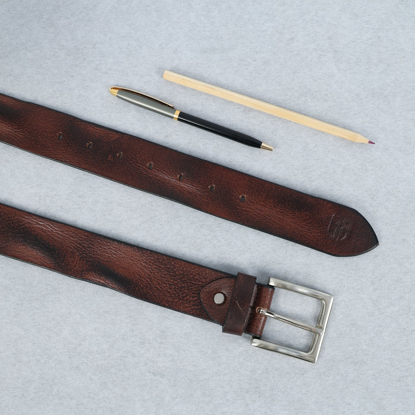 Brown Hand-Painted Leather Belt - Distressed with Silver Buckle
