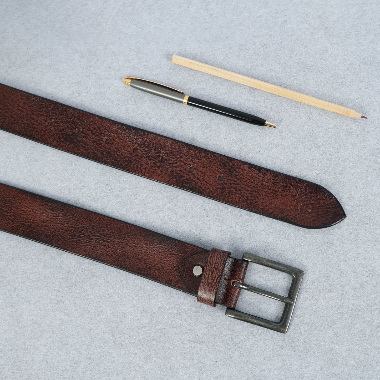 Brown Hand-Painted Leather Belt - Hammered with Antique Buckle