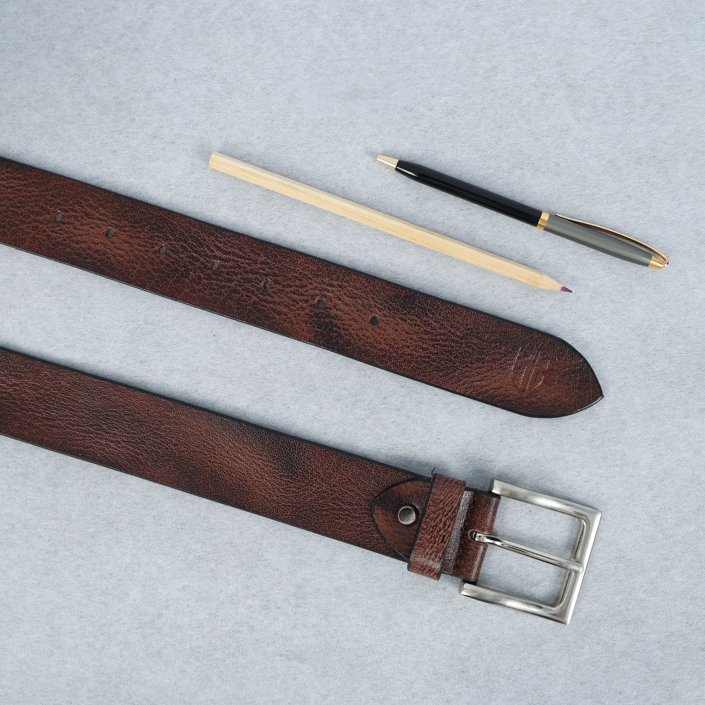 Brown Hand-Painted Leather Belt - Hammered with Silver Buckle