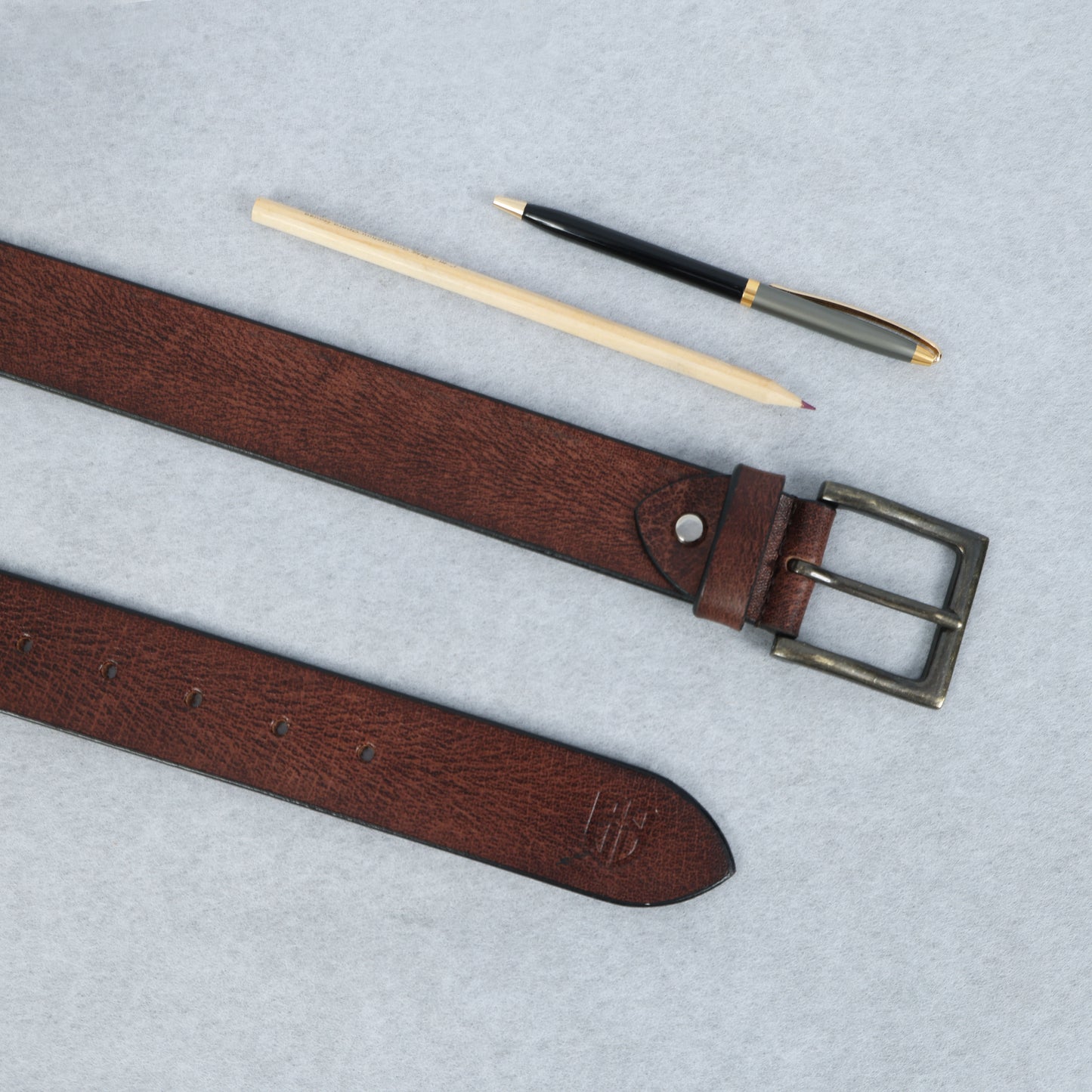 Brown Hand-Painted Leather Belt - Tree Pattern with Antique Buckle