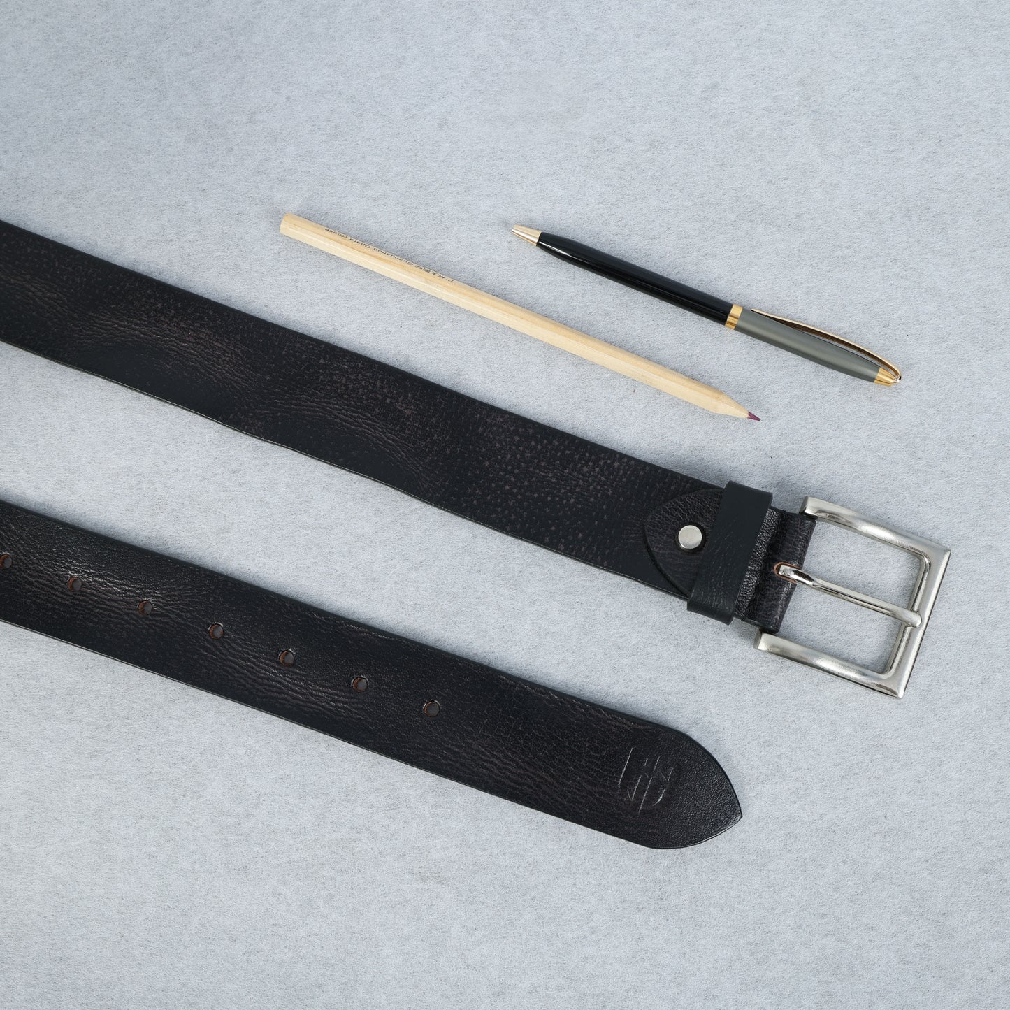 Black Hand-Painted Leather Belt - Hammered with Silver Buckle