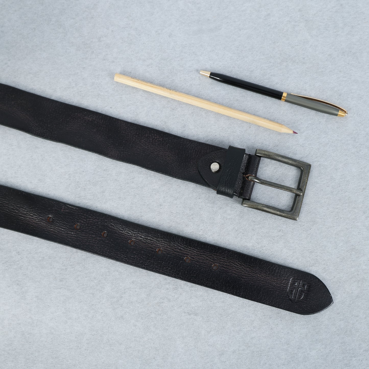 Black Hand-Painted Leather Belt - Hammered with Antique Buckle