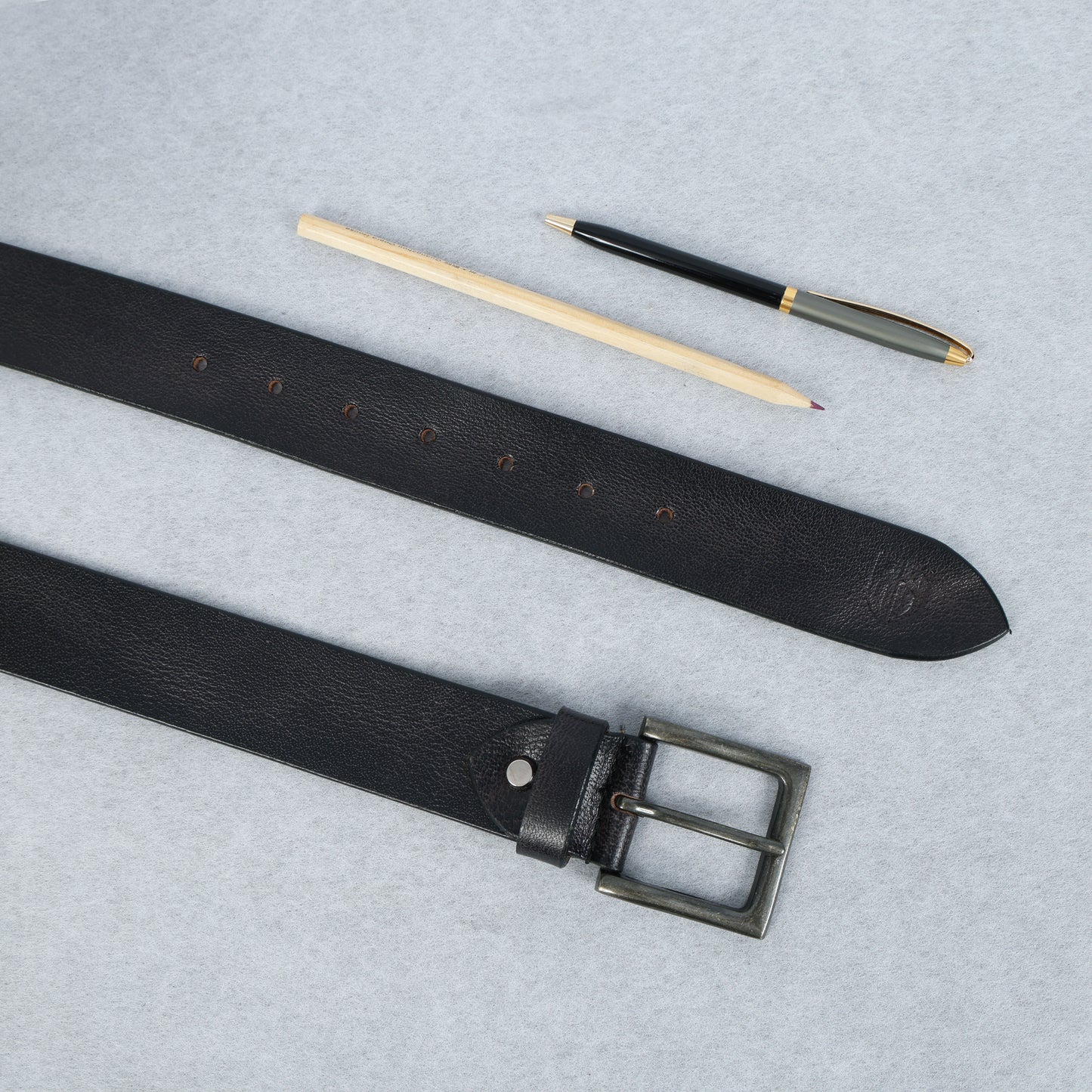 Black Hand-Painted Leather Belt - Distressed with Antique Buckle