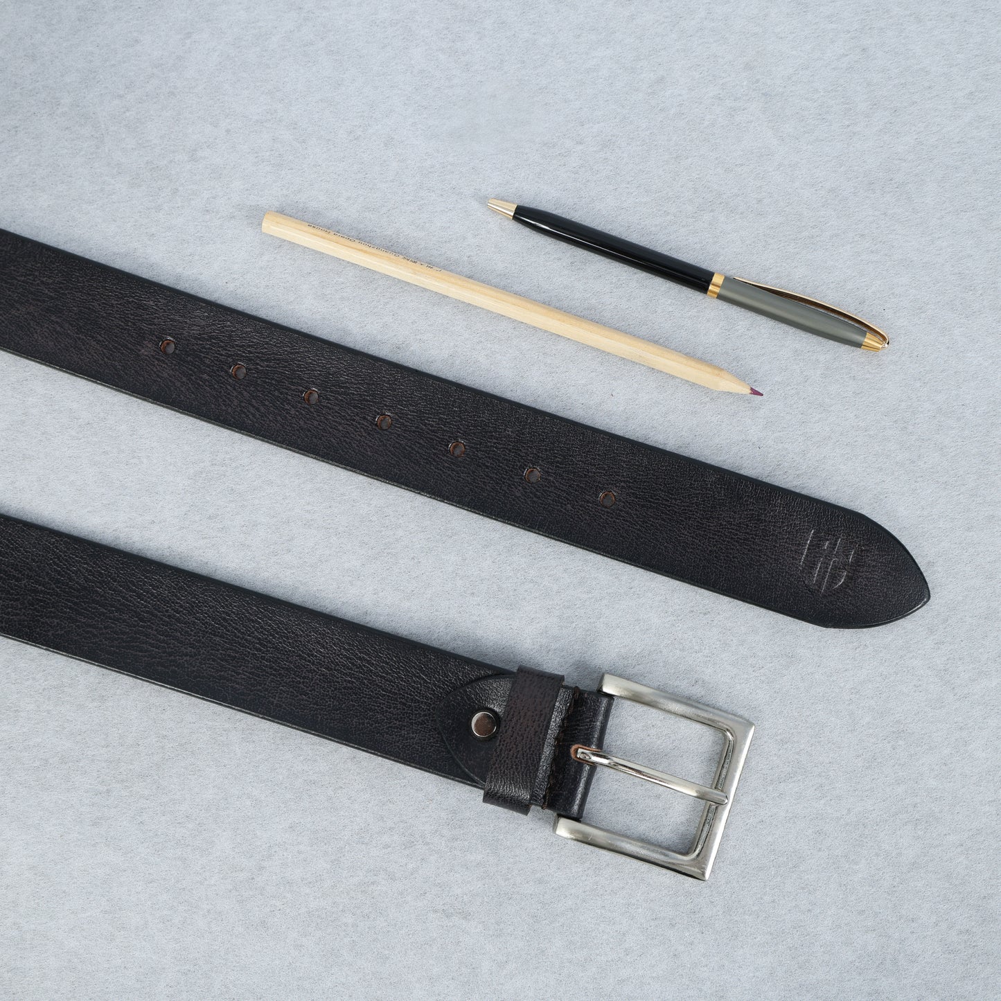 Black Hand-Painted Leather Belt - Tree Pattern with Silver Buckle